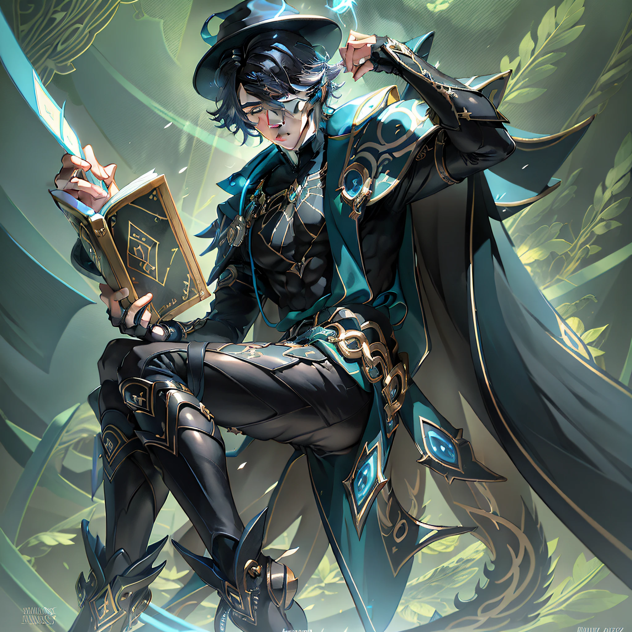 a wizard, young looking, he has a bangs, wizard's hat, black outfit with cumplida sleeve, his outfit has blue details, black pants, black boot, black gloves, a gray cape, blue belt, a magic book, he is 22 years old, black hair