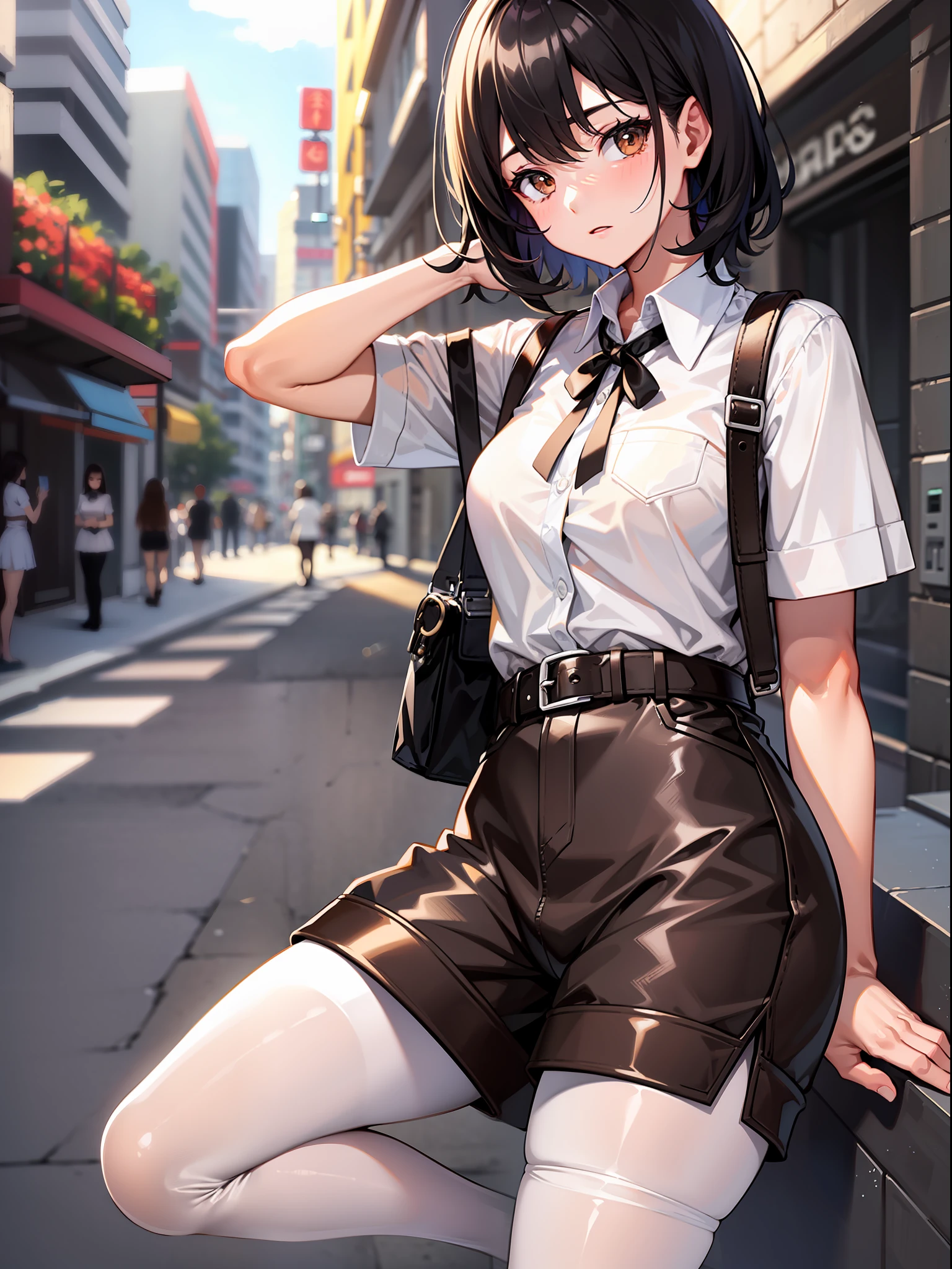 Black hair short, short brown clothes with white collar sleeves, brown shorts, white waist belt, color pantyhose, girl, outdoor