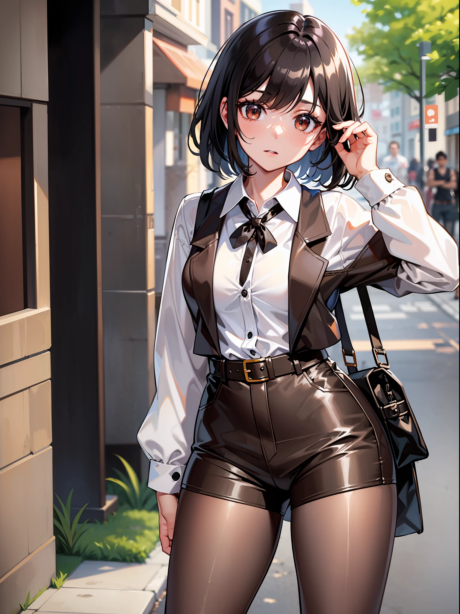 Black hair short, short brown clothes with white collar sleeves, brown shorts, white waist belt, color pantyhose, girl, outdoor