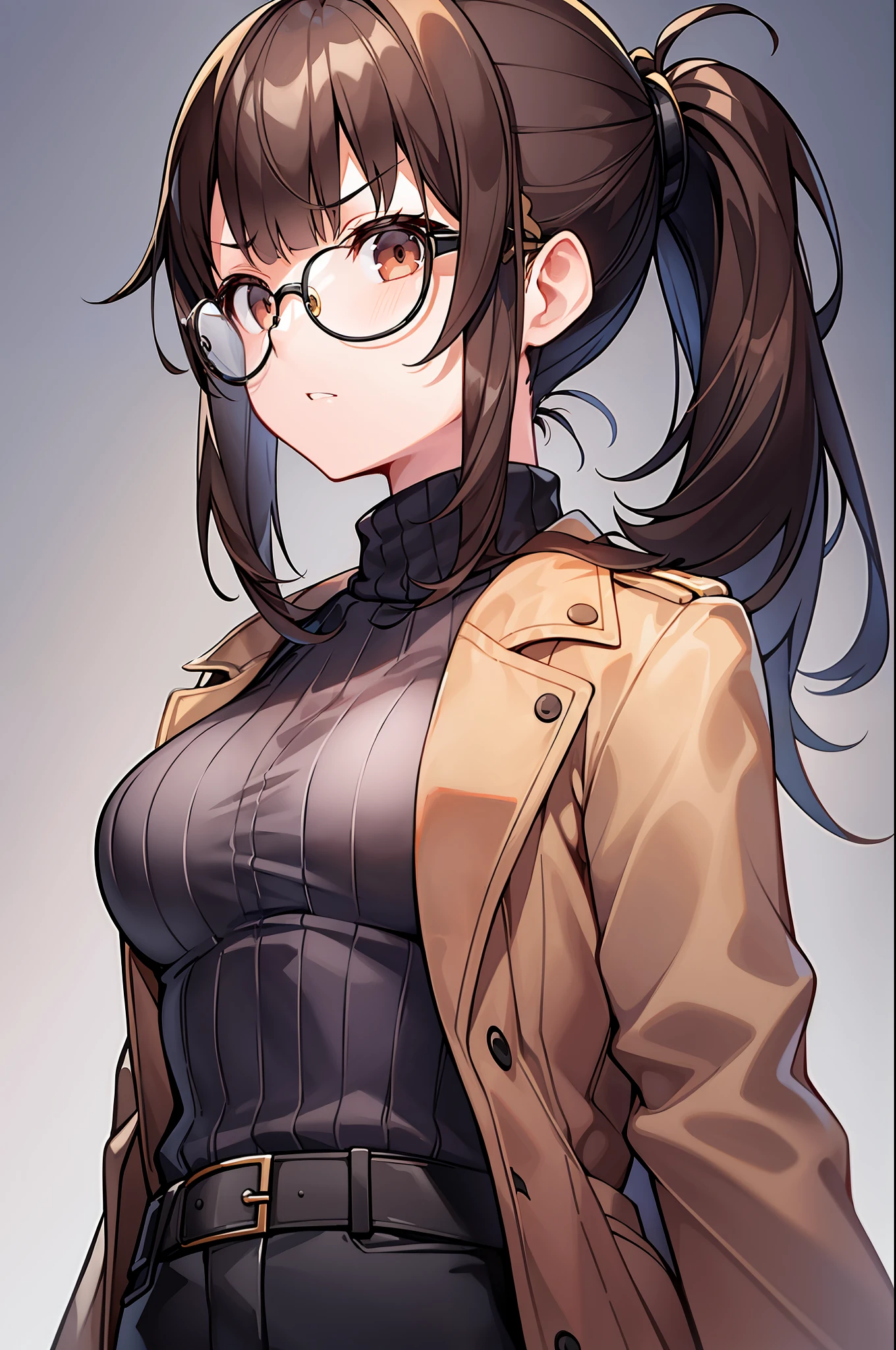 1girl, (medium-small breasts), angry, brown hair, short ponytail, blunt bangs, round glasses, black turtleneck, brown trench coat, black pants, modern, upper body, masterpiece,