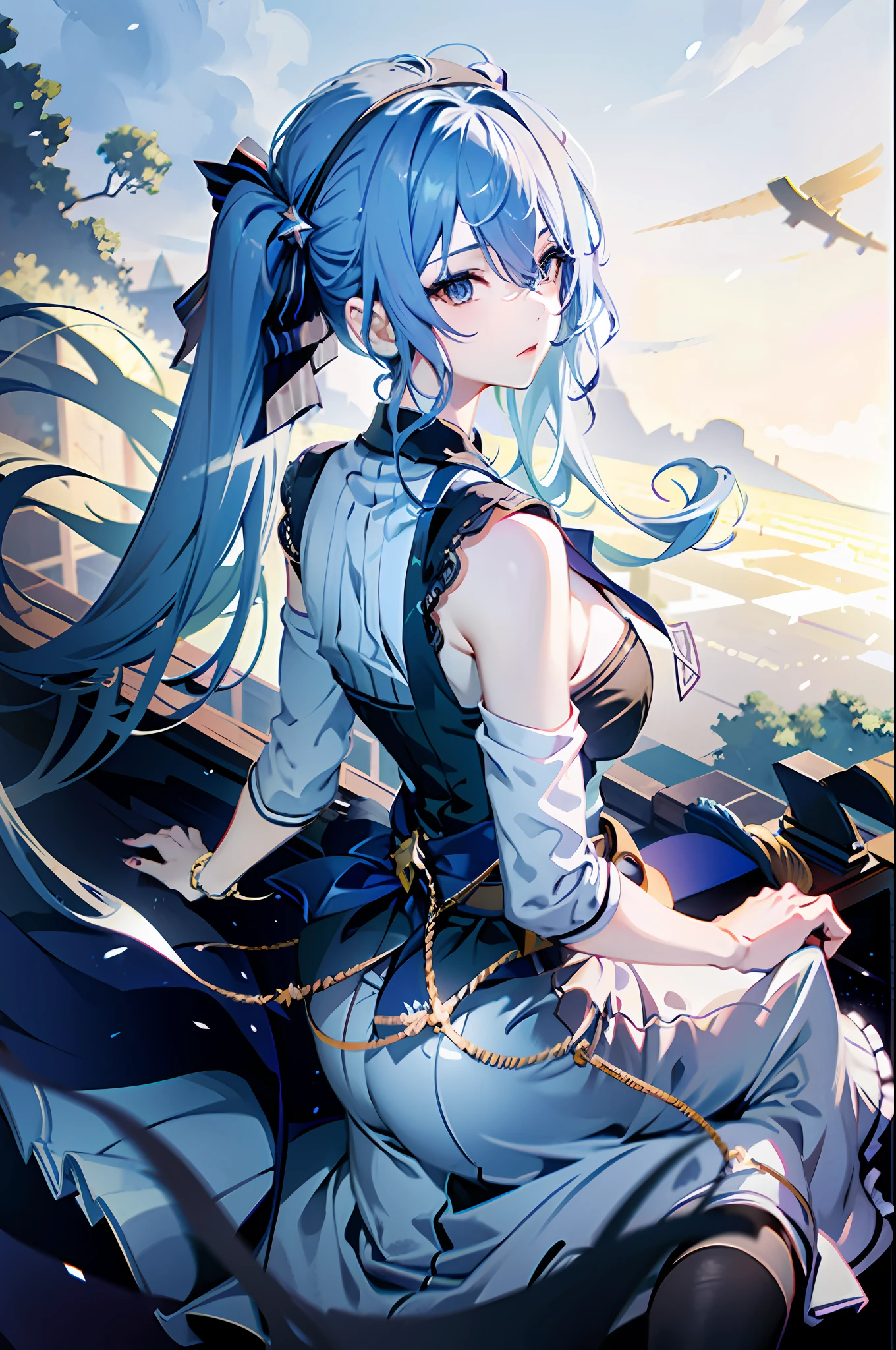 1girl, (solo:1.2), ((masterpiece)), (shadow), [slim], (small breasts), ((sharp focus)), pale skin, ((detailed eyes)), (blurry background), dynamic pose, dynamic angle, hoshimachi suisei, blue hair, ponytail