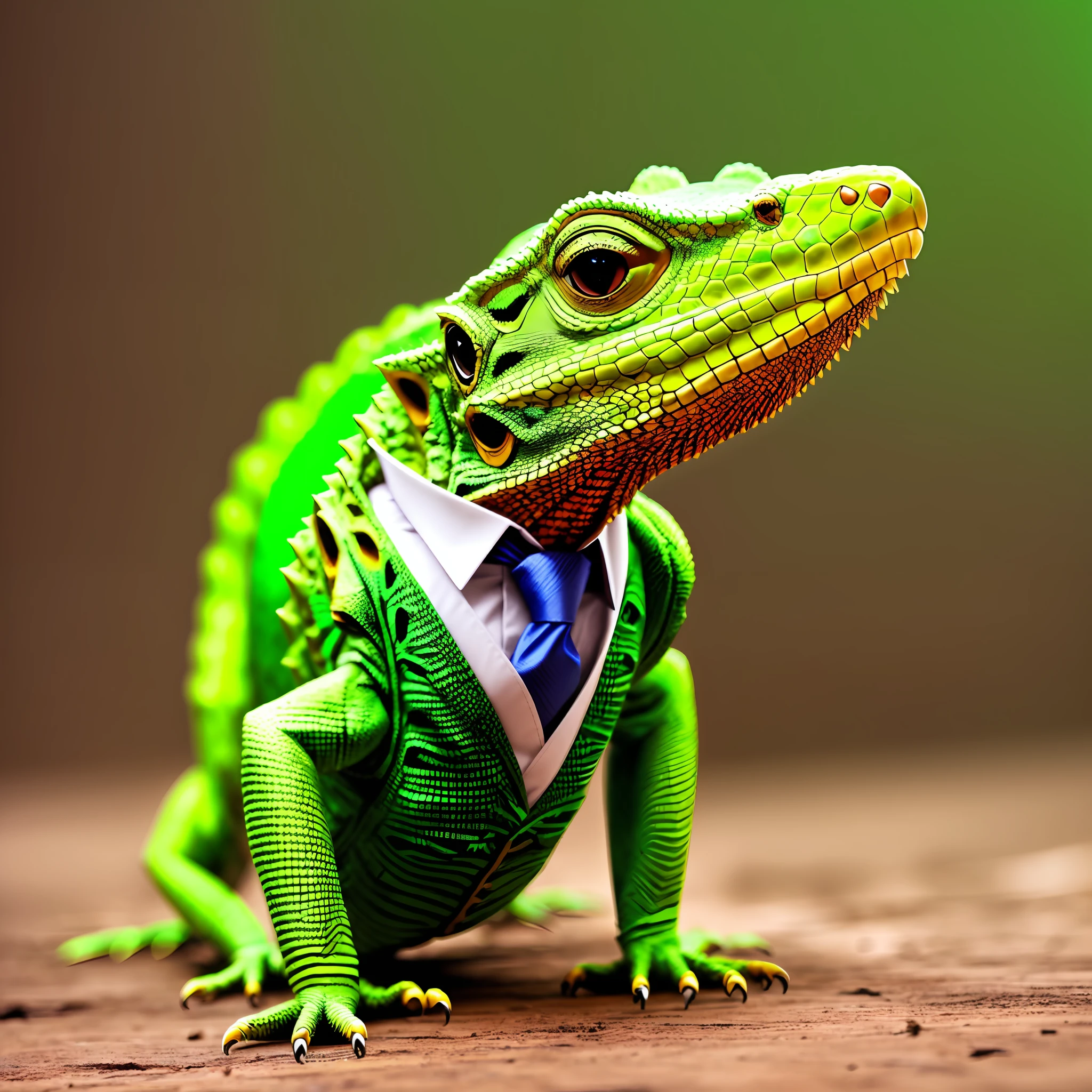 A lizard in a suit, standing, with strong and vibrant colors, background blur, 4K, full hd and realistic. --auto --s2