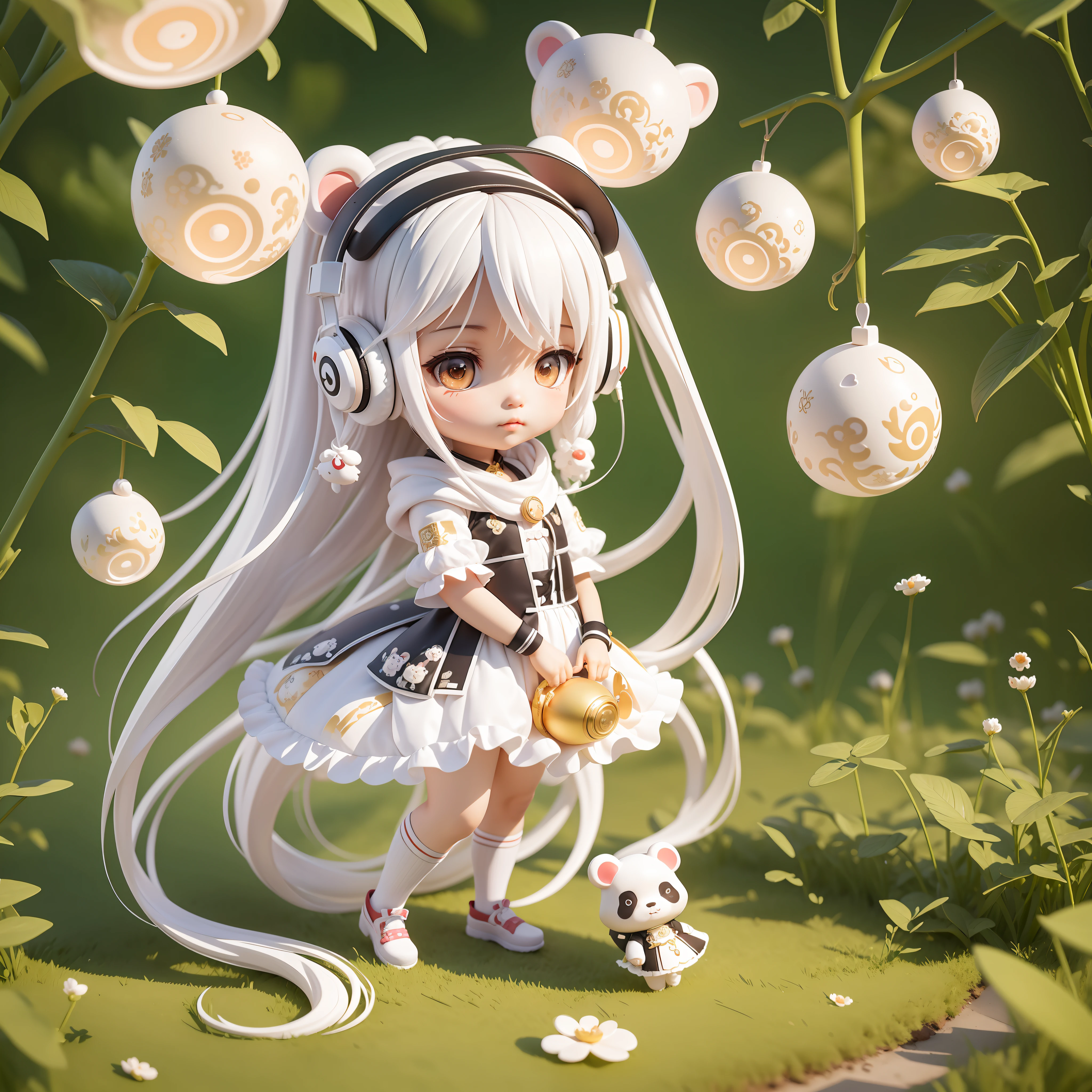 Masterpiece, best quality, lots of detail, (full body:1.2), chibi, panda girl, white hair, magic dress, light headphones, 3D rendering, Q printmaking style