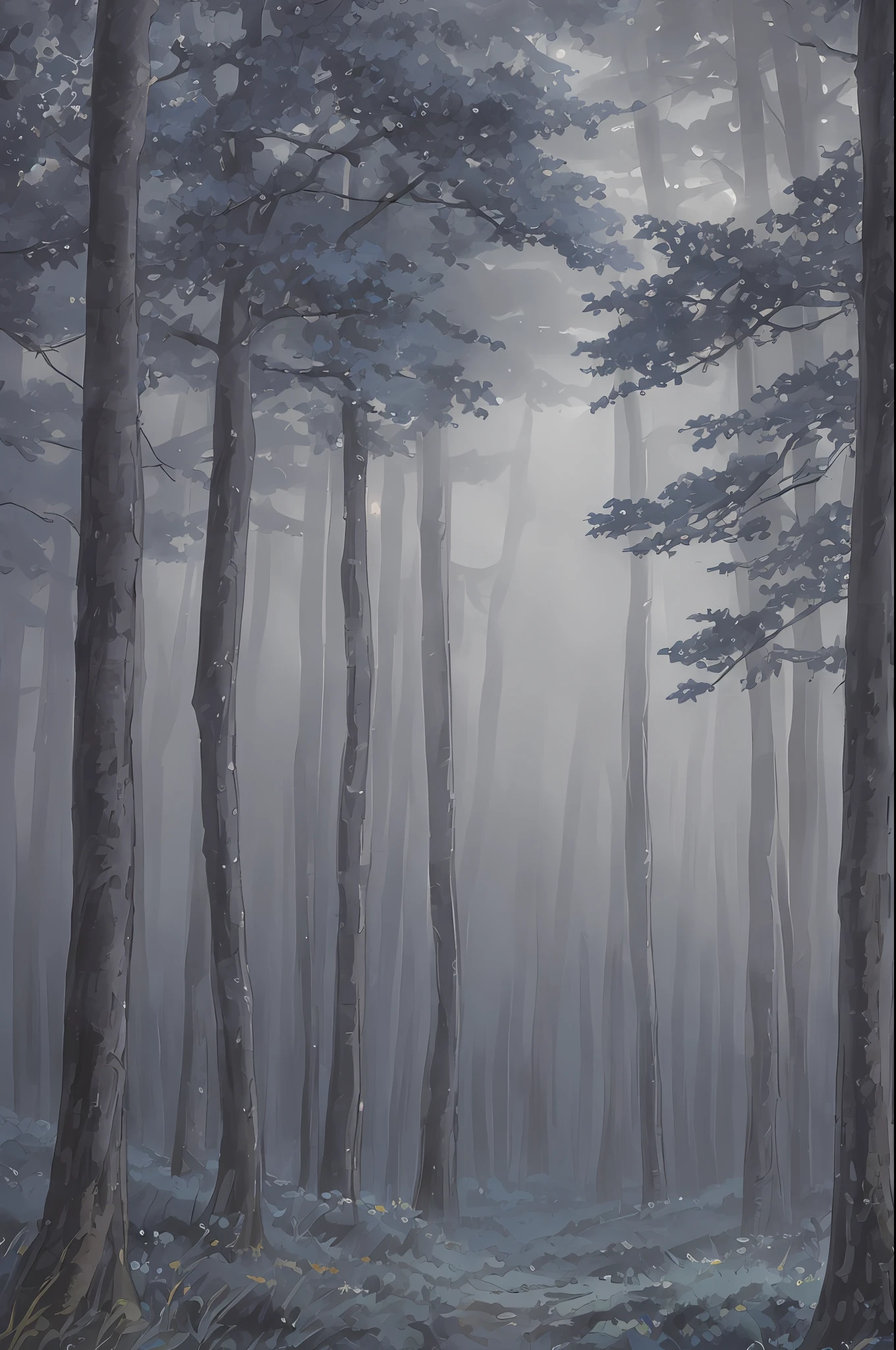 ((Painting style "Night" "Gray blue") "Clearing" | woods"), the lighting is "dark", the sense of fog is obvious, and the "sense of atmosphere" effect is prominent. Top-down view, ground,