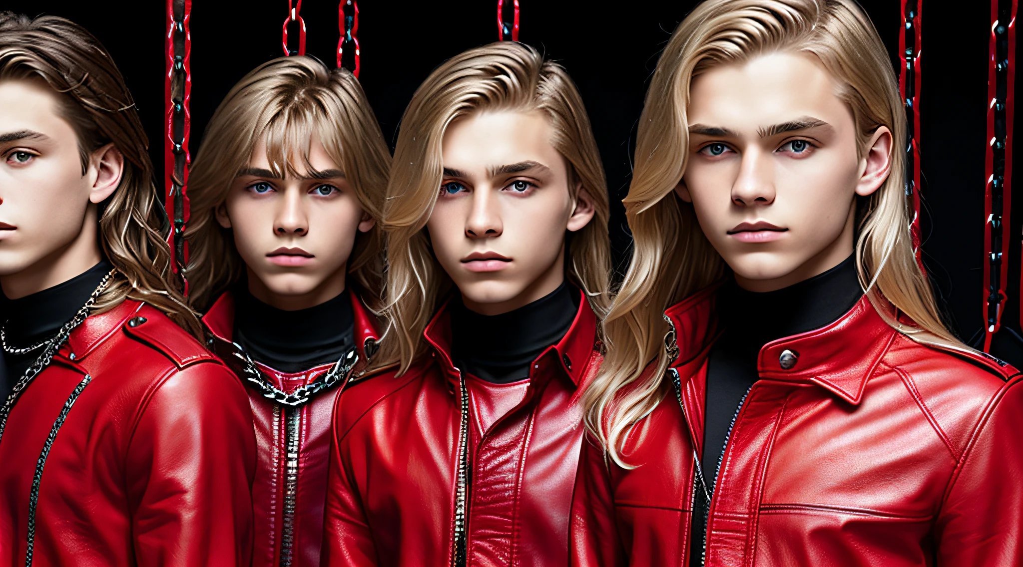14-YEAR-OLD BOYS, CLOSEUP, WITH LONG BLONDE HAIR, WITH RED LEATHER JACKETS AND BLACK CLOTHING, ON A RED BACKGROUND WITH MANY CHAINS, FLOOR WITH CHAINS, CEILING WITH CHAINS.