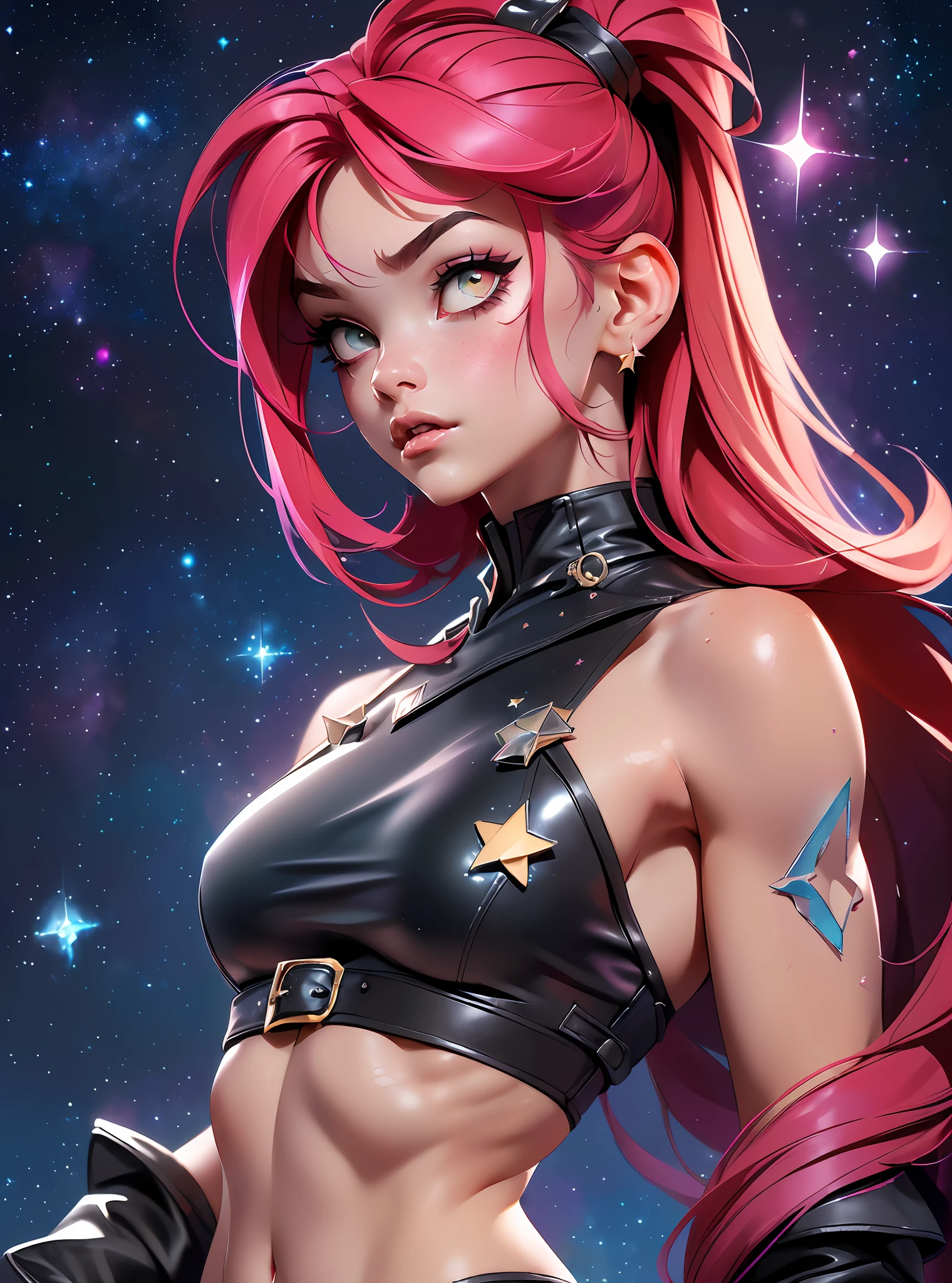 ((Best Quality)), ((Masterpiece)), ((Realistic)) and watercolor drawing of a girl with goth colors. She has ((ruby hair)), wears a (small black micro-thong:star motif ) , ((beautiful and aesthetic)), muscular fit body abs, sexy, under-boobs, hot, (star filled sky background) (clear background:1.35), (particles ,firefly, blue glowing):1.3,