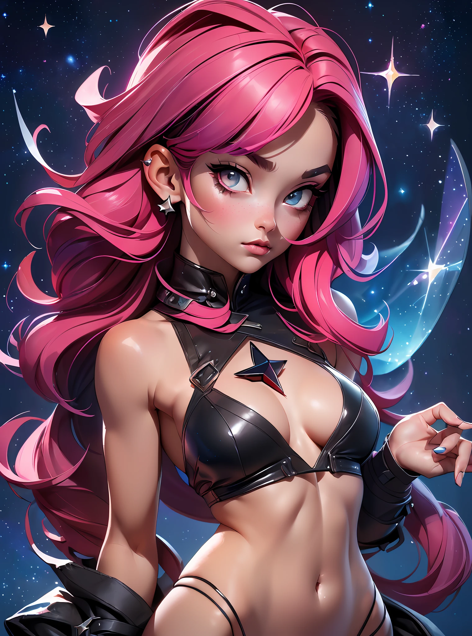 ((Best Quality)), ((Masterpiece)), ((Realistic)) and watercolor drawing of a girl with goth colors. She has ((ruby hair)), wears a (small black micro-thong:star motif ) , ((beautiful and aesthetic)), muscular fit body abs, sexy, under-boobs, hot, (star filled sky background) (clear background:1.35), (particles ,firefly, blue glowing):1.3,