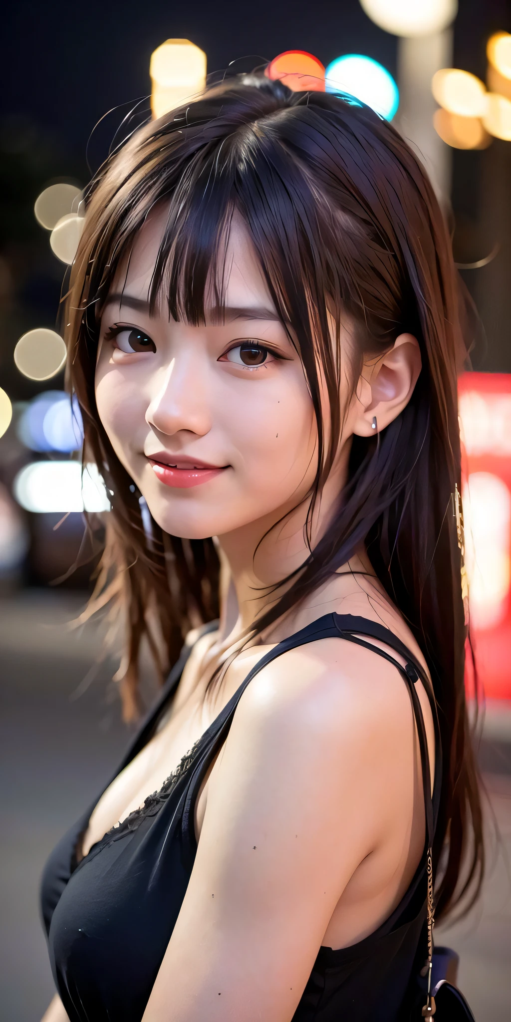 1girl, Tokyo street,night, cityscape,city lights,upper body,close-up,smile,, (8k, RAW photo, best quality, masterpiece:1.2),(realistic, photo-realistic:1.37),
