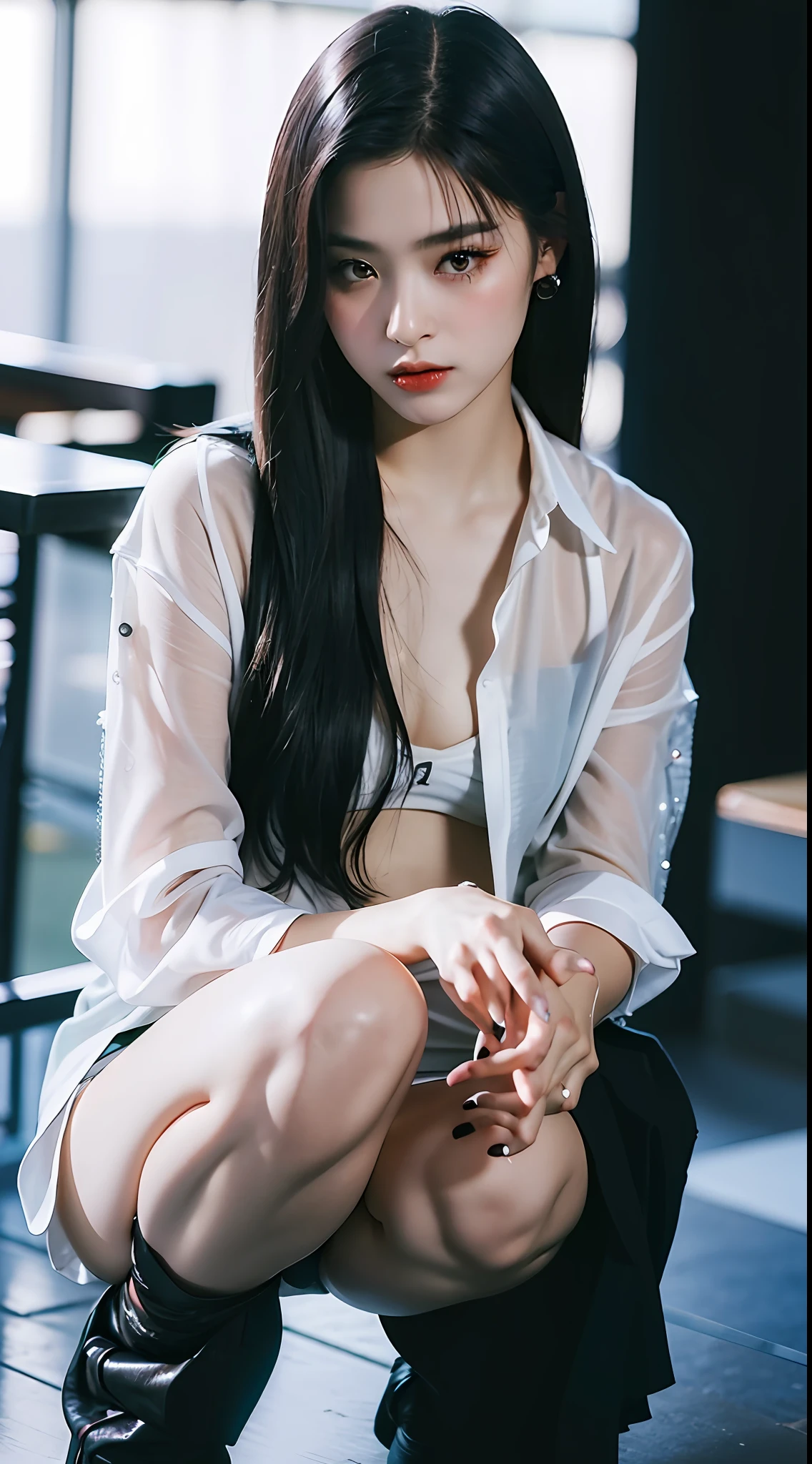 NSFW,(8k, RAW photos,Best quality, High Resolution:1.1), (Hyper-Realistic:1.4),(Realistic, Photorealistic:1.3), Soft Light,Realistic Face,Realistic Body,Realistic Skin,Absurdity,Masterpiece,(Cute:1.8),(Black Hairlong,Half Up,Hairpin),(Big:1.2),(Very Dark Lip Gloss,Pitch Black Lipstick, so many eyelashes,pitch black eyeshadow),teardrops,double teeth,open lips,provocative expression,blusher,good style,(unbuttoned shirt:1.1),cinema light,film grain,closeup,look viewer,full body,depth of field,blurred background,eye focus,young,85mm lens, f/1.4,professional lighting,portrait,photon mapping, radiosity, physically based rendering, transparency, Japan girls, night, black see-through and very small bra, crotch open, are big and about to spill out of bra, see-through underwear, (beautiful nipple slip: 0.9),squat