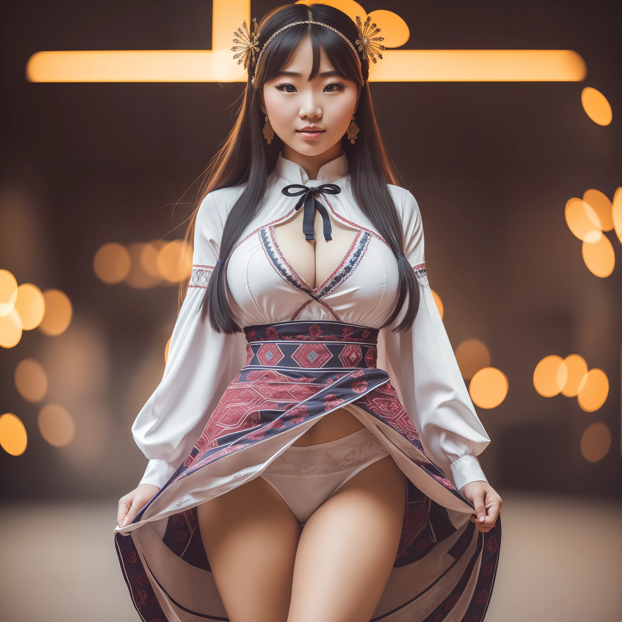 Full-length view (portrait of a 25-year-old yakutian girl lifting skirt and showing off panties),(thick body), (in a yakutian traditional dress, intimate, detailed: 1.3), (panties: 1.3), (very detailed face: 1.4), (white background: 1.2), (8k, uhd, DSLR, high quality, cinematic lighting, bokeh), (dramatic, award-winning photography, incredible masterpiece: 1.3)