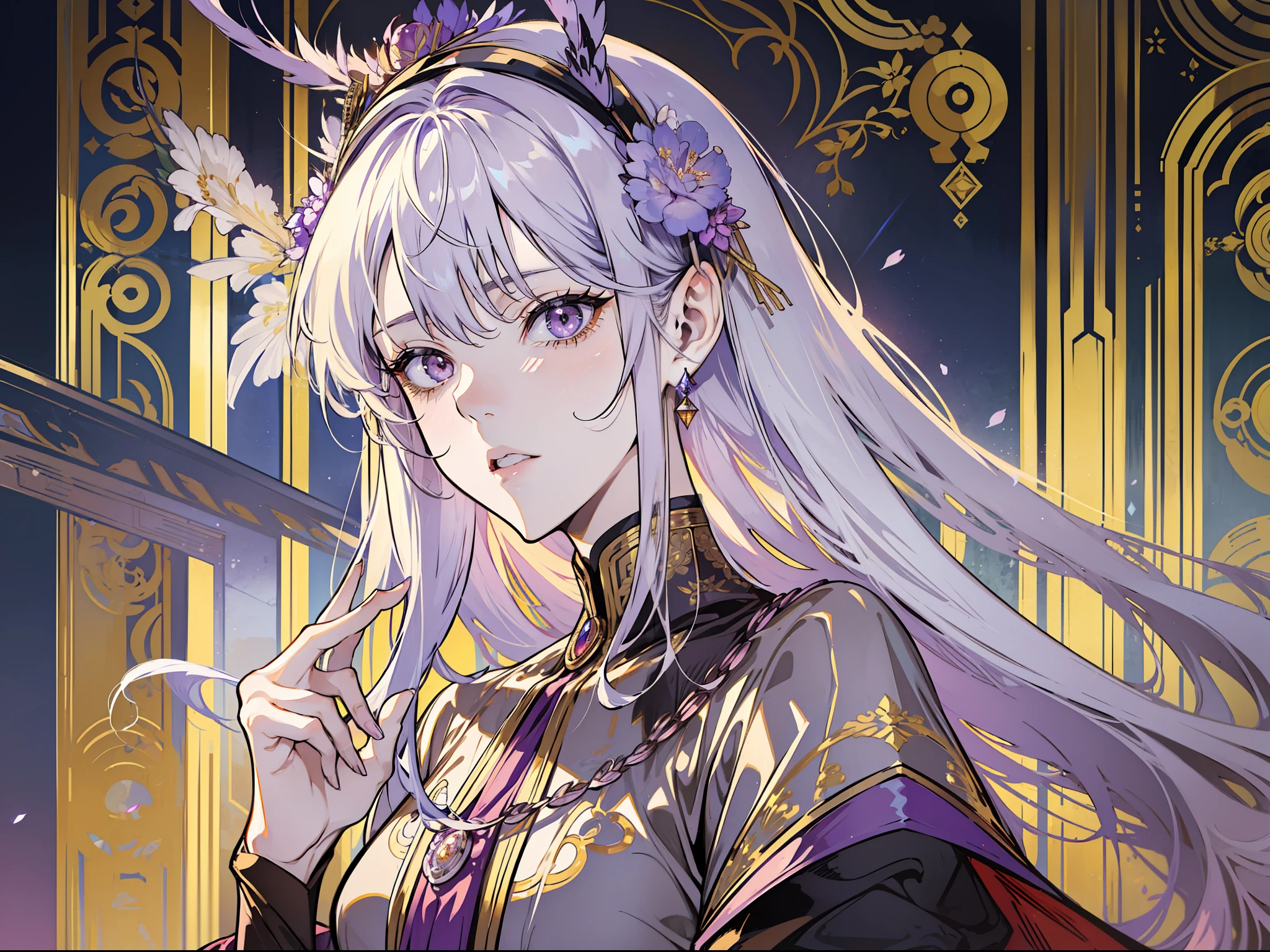 (absurd, high resolution), (panorama), ccurate, anime, high detail, a woman, mature, beautiful, tall, queen's attire, lilac complex dressed, exquisite, brown eyes, pale blonde hair, silver crown on the head, irritated, serious, in the palace, magical, antique style, holding a very long golden delicate wand, vista