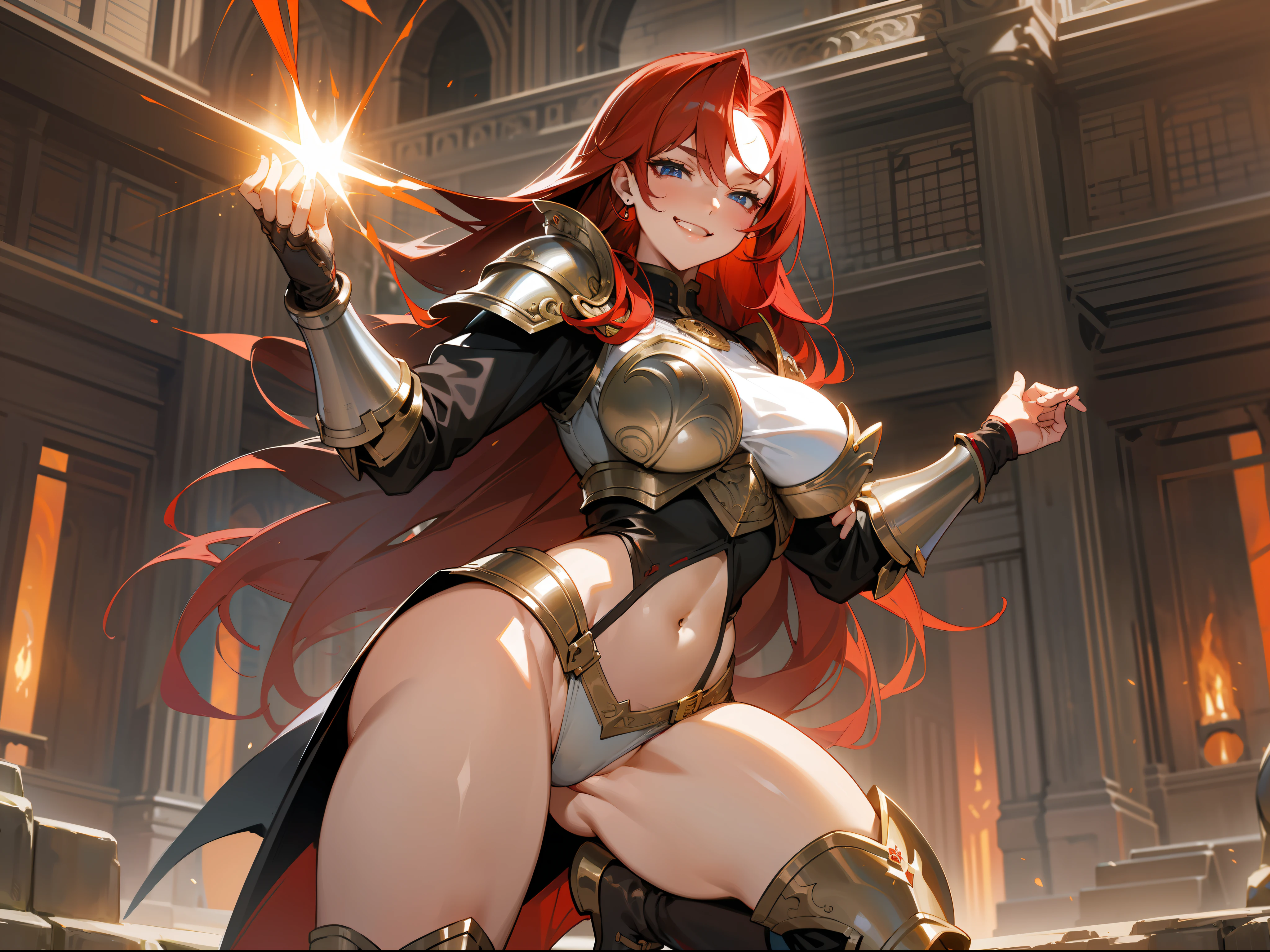 masterpiece, best quality, mature woman, strong, long red hair, light eyes, grin, berserker, light leather armor, beautiful breasts, exposed thighs, exposed navel, boots, fantasy, medieval, in a battle arena, dynamic pose, beautiful detailed glow.