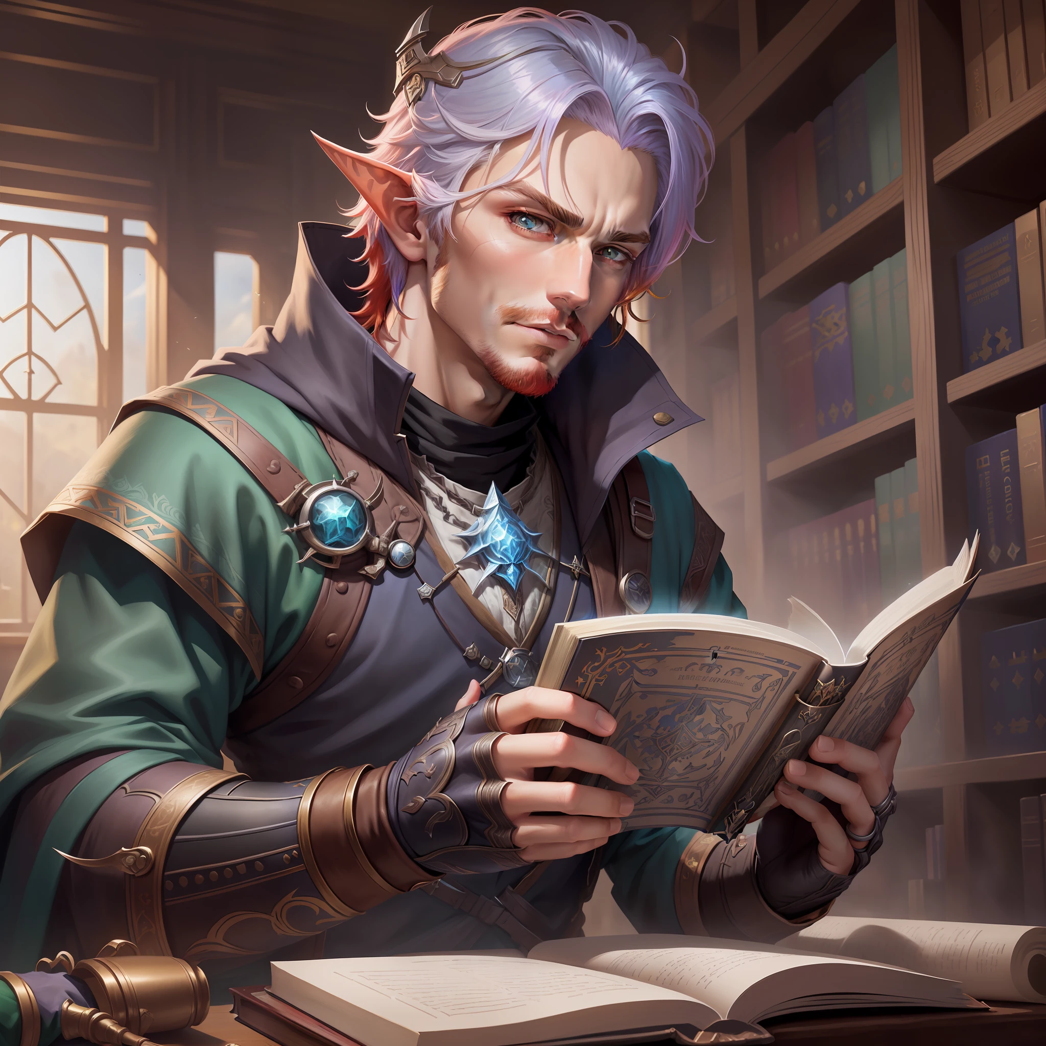 There is a man reading a book in the library, RPG book portrait, male elf portrait, fantasy rpg book illustration, male craftsman, portrait of a young elf wizard, fantasy type portrait, casimir art, mage portrait, alchemist library background, fantasy book illustration, portrait DND, DND character art portrait, DND character portrait red hair heterochromic pupils detailed human skin depiction realistic