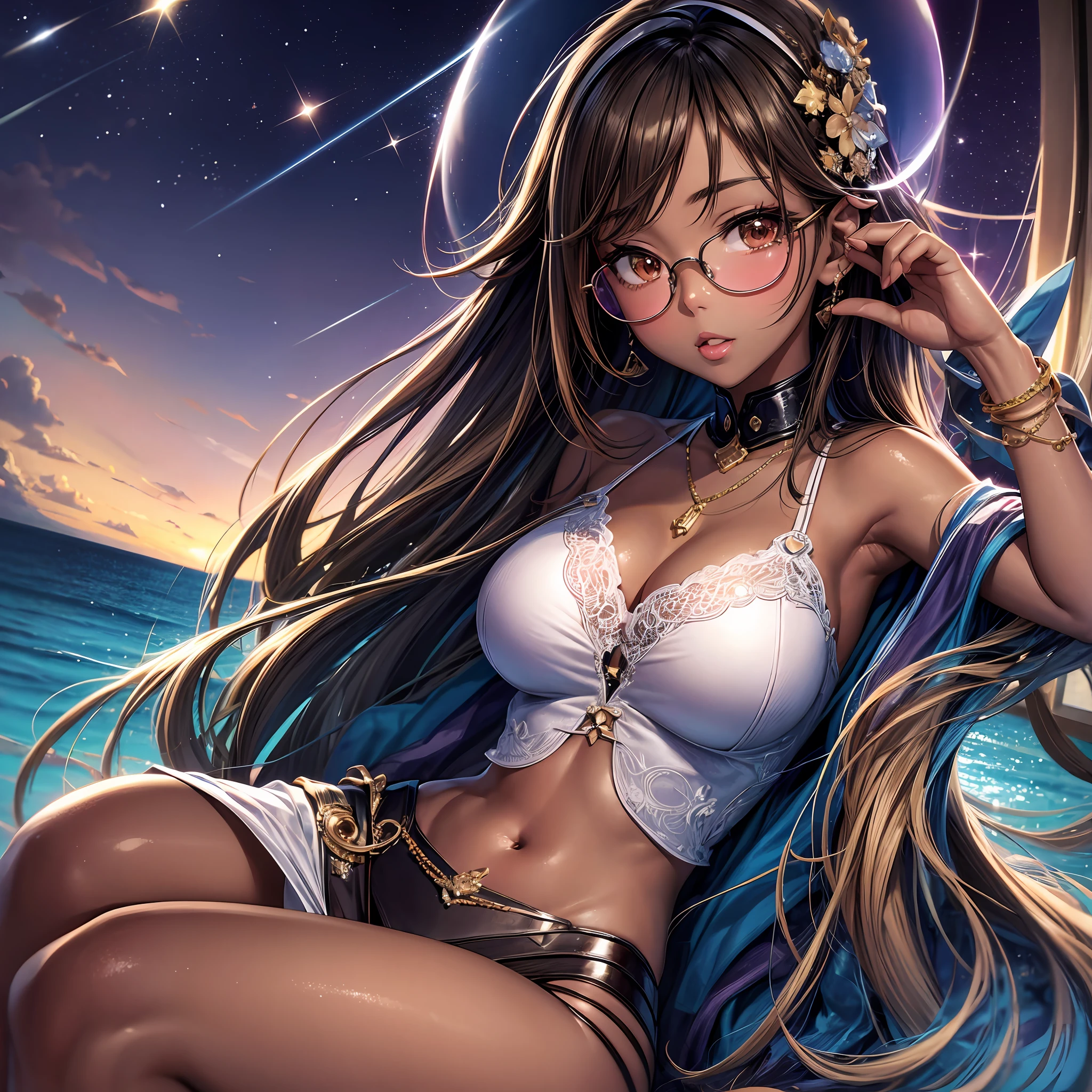 High Definition High Definition High Definition Moe Anime Japanimation Ultra Real Gal Brown Skin Tan Skin Glasses Beautiful Girl Gal Makeup Gal Clothes Flashy Hairstyle Flashy Hair Color Gal Pose Night Pool Moonlit Night --auto --s2