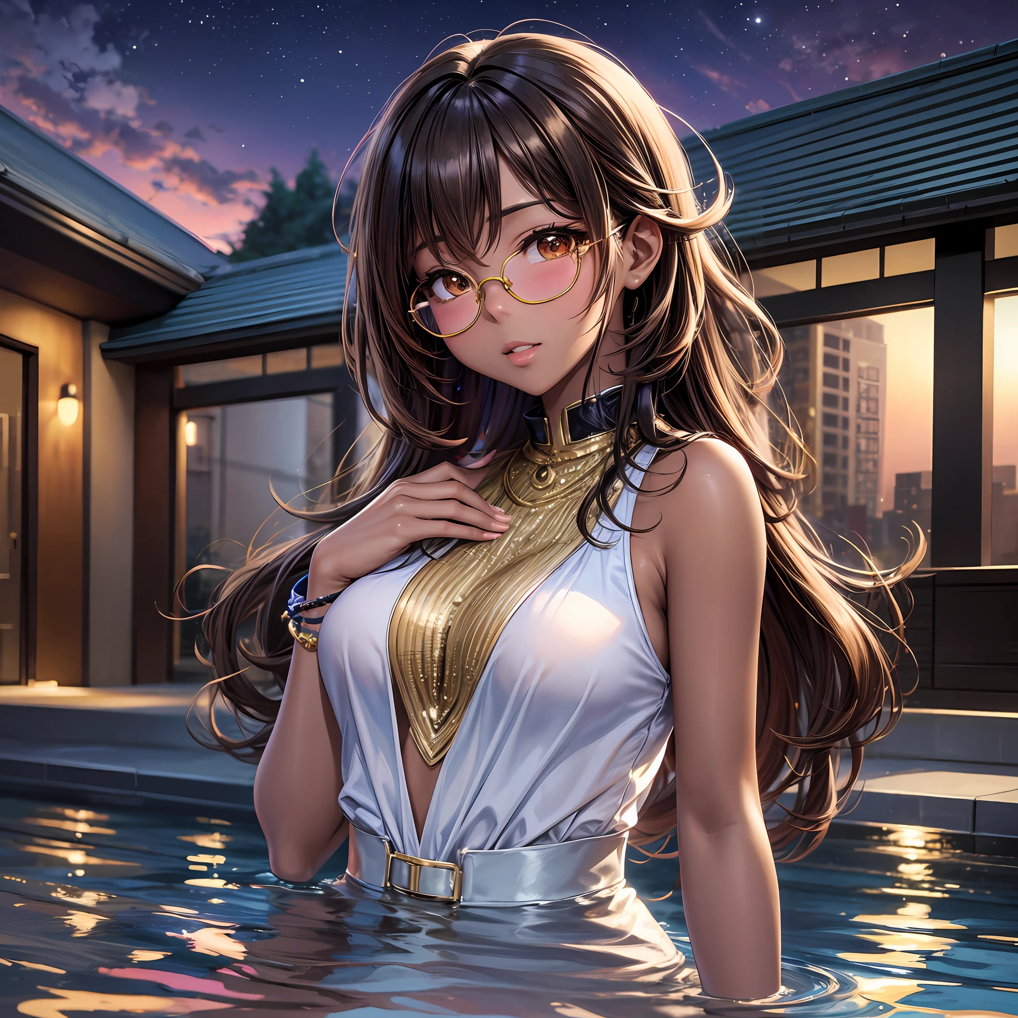 High Definition High Definition High Definition Moe Anime Japanimation Ultra Real Gal Brown Skin Tan Skin Glasses Beautiful Girl Gal Makeup Gal Clothes Flashy Hairstyle Flashy Hair Color Gal Pose Night Pool Moonlit Night --auto --s2