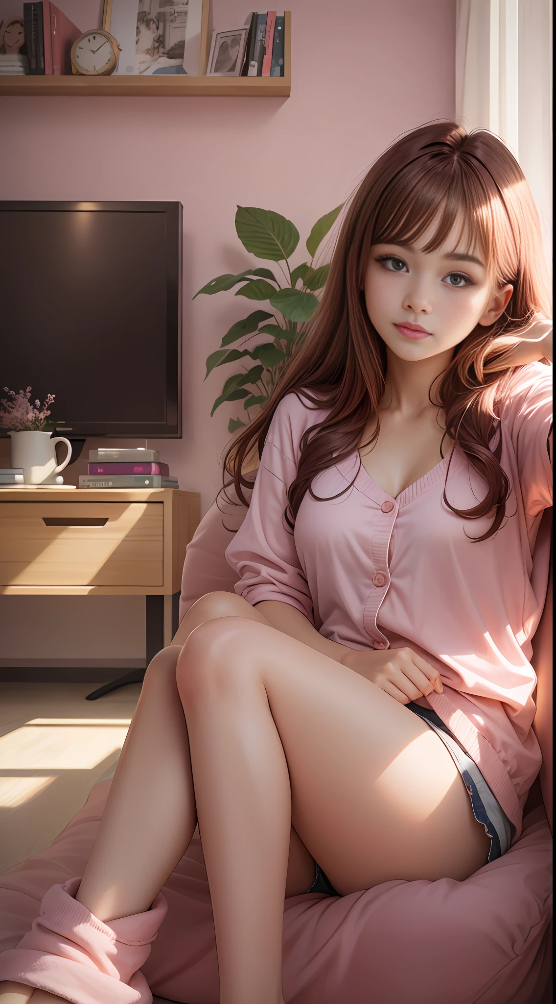 Sunny girl, 22 years old, beautiful lazy face shape, realistic, she is sitting in the living room in shorts, pink pajamas, brown hair