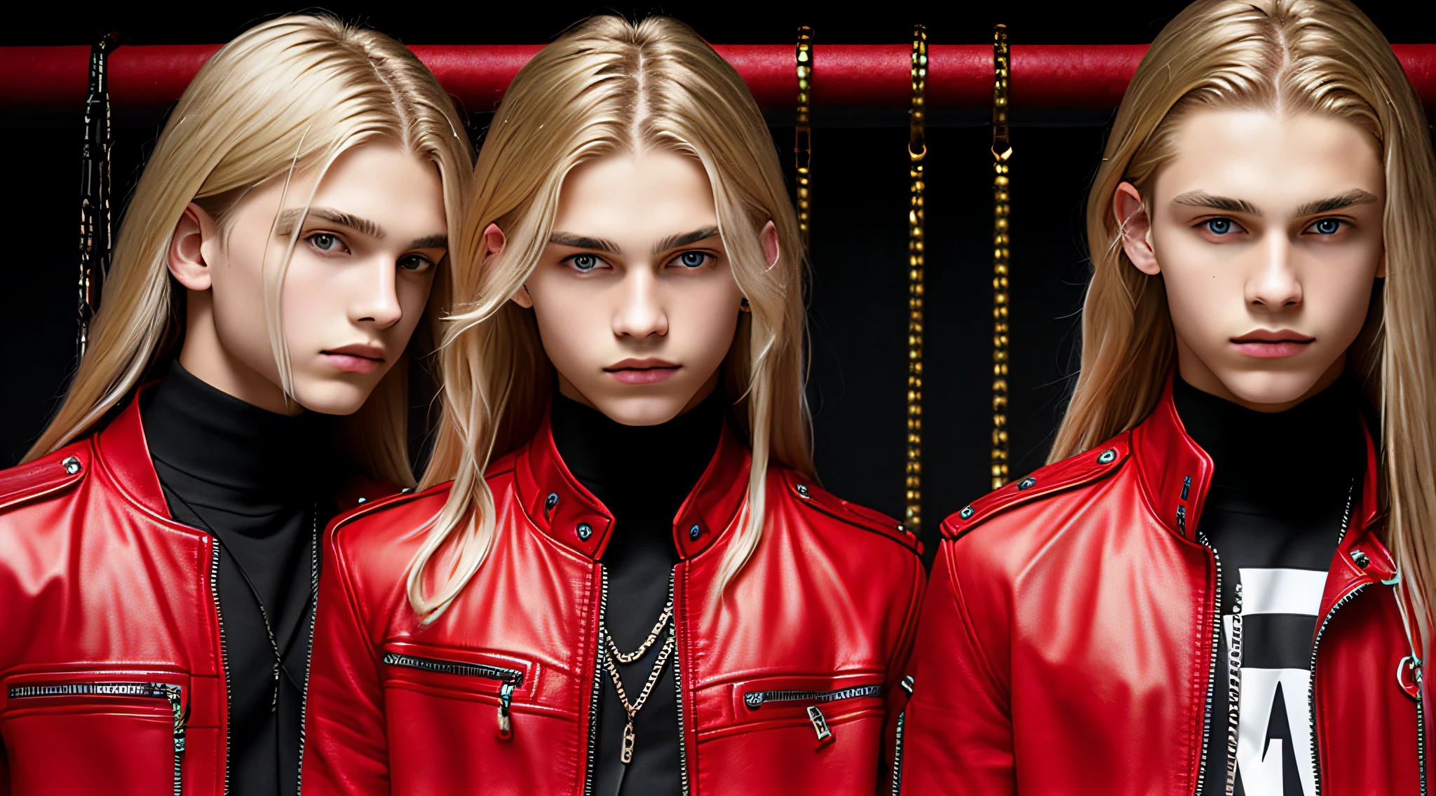BOYS, CLOSEUP, WITH LONG BLONDE HAIR, WITH RED LEATHER JACKETS AND BLACK CLOTHING, ON A RED BACKGROUND WITH MANY CHAINS, FLOOR WITH CHAINS, CEILING WITH CHAINS.