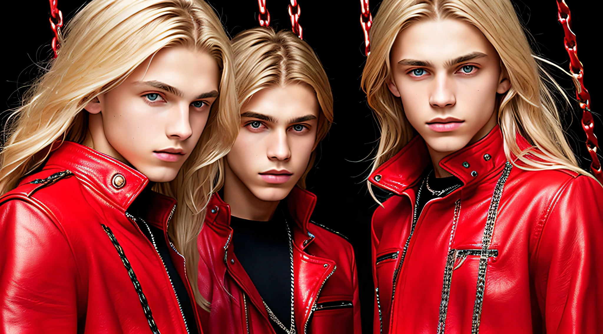 14-YEAR-OLD BOYS, CLOSEUP, WITH LONG BLONDE HAIR, WITH RED LEATHER JACKETS AND BLACK CLOTHING, ON A RED BACKGROUND WITH MANY CHAINS, FLOOR WITH CHAINS, CEILING WITH CHAINS.