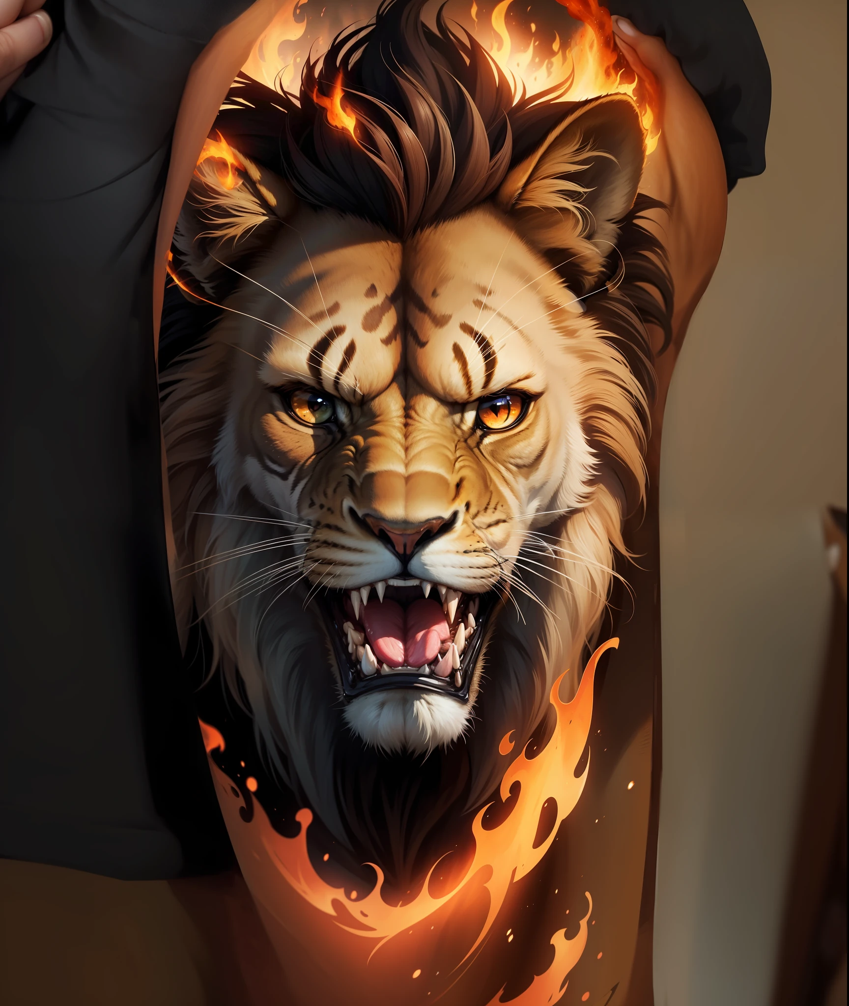 Close-up portrait, a lion on fire, expressive face, angry expression.