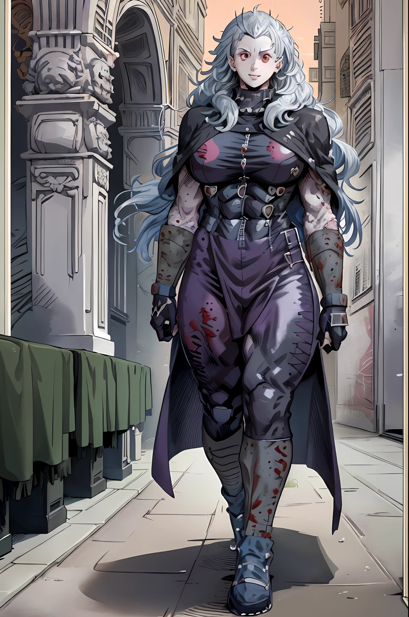 oi_dorohedoro, noi, muscular girl, huge chest, tall woman, priestess, martial art, modest, fully clothed, bent,, pants, cloak, priestess, holy, walking, smile, coat, medieval, unmasked