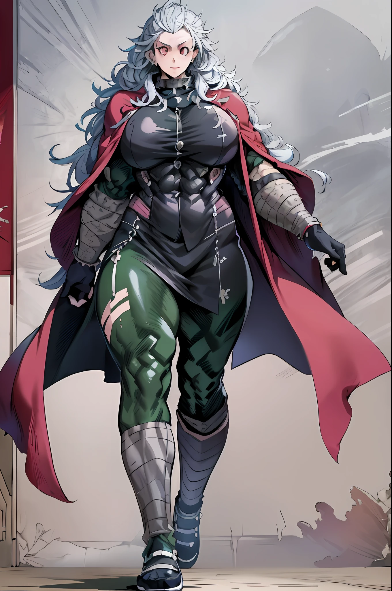 noi_dorohedoro, noi, muscular girl, huge chest, tall woman, priestess, martial art, modest, fully clothed, bent,, pants, cloak, priestess, holy, walking, smile, coat, medieval, unmasked