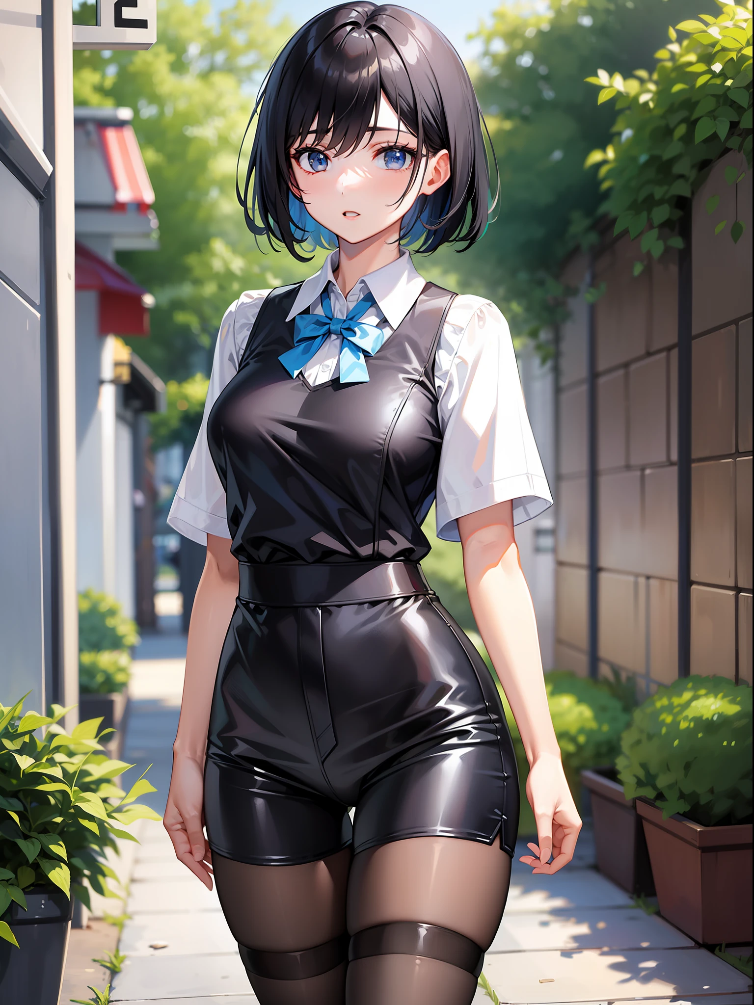 Black hair short, short clothes with white collar sleeves, blue shorts, black pantyhose, girl, outdoor