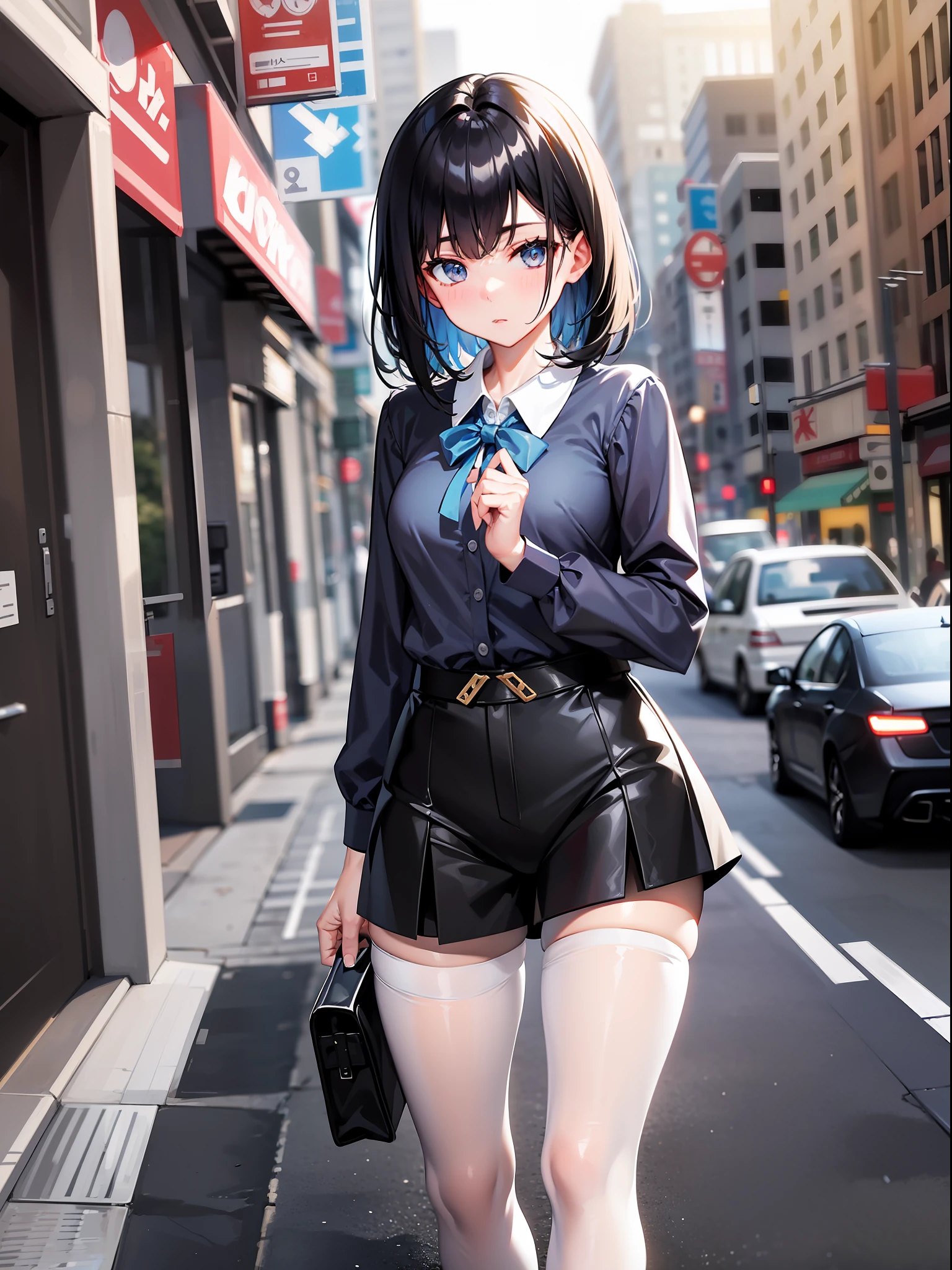 Black hair short, short clothes with white collar sleeves, blue shorts, black pantyhose, girl, outdoor