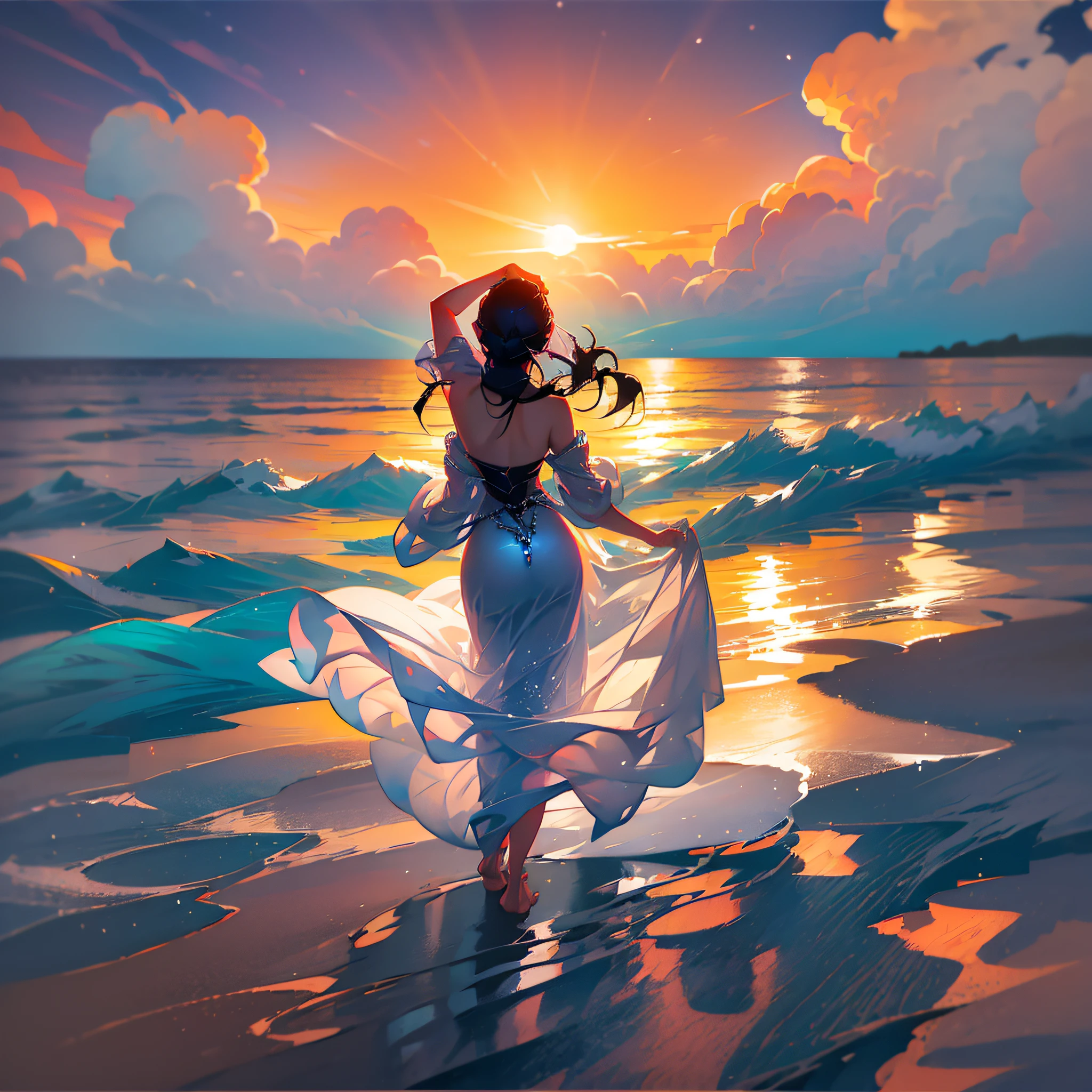 haibian, Boundless sea, White sand beach, sunset, Lonely back, Beauty (tall, Backless dress long dress) Seagulls fly by, loneliness, Dark tone, Hyperrealism, anime style, silhouette, panorama, projected inset, best quality, high details, high quality, ccurate, masterpiece --auto --s2