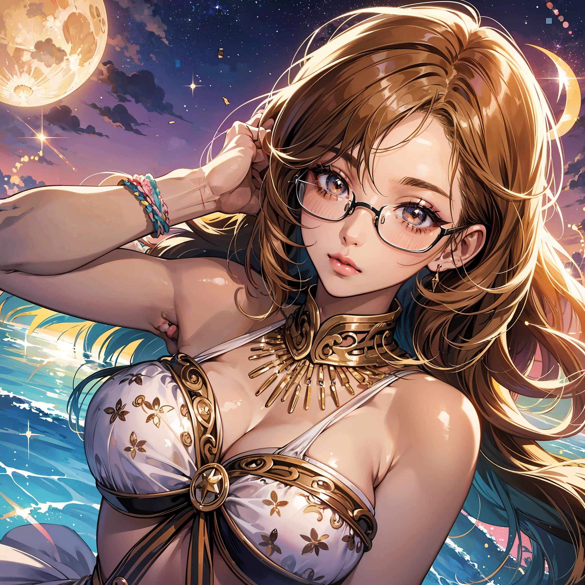 High Definition High Definition High Definition Moe Anime Japanimation Ultra Real Gal Brown Skin Tanned Skin (1,5) Beautiful Girl with Glasses Gal Makeup Gal Clothes Flashy Hairstyle Flashy Hair Color Gal Pose Night Pool Moonlit Night --auto --s2