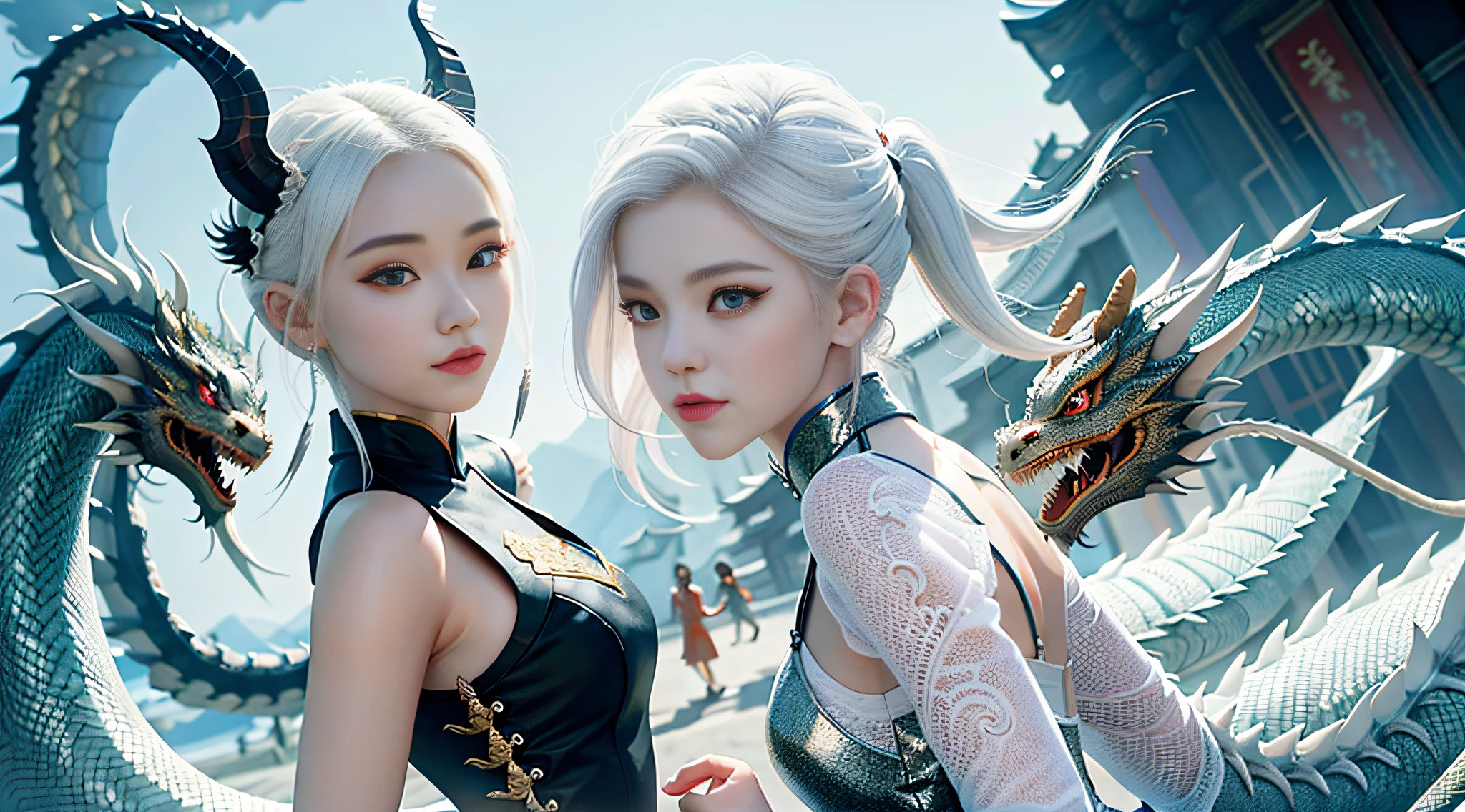 Masterpiece, best quality, make friends with Chinese dragons, funny, happy, bright, dragon, daji, nine tails, girl, 18 years old, fair skin, white hair, two-color light, large aperture, low ISO, white balance, rule of thirds