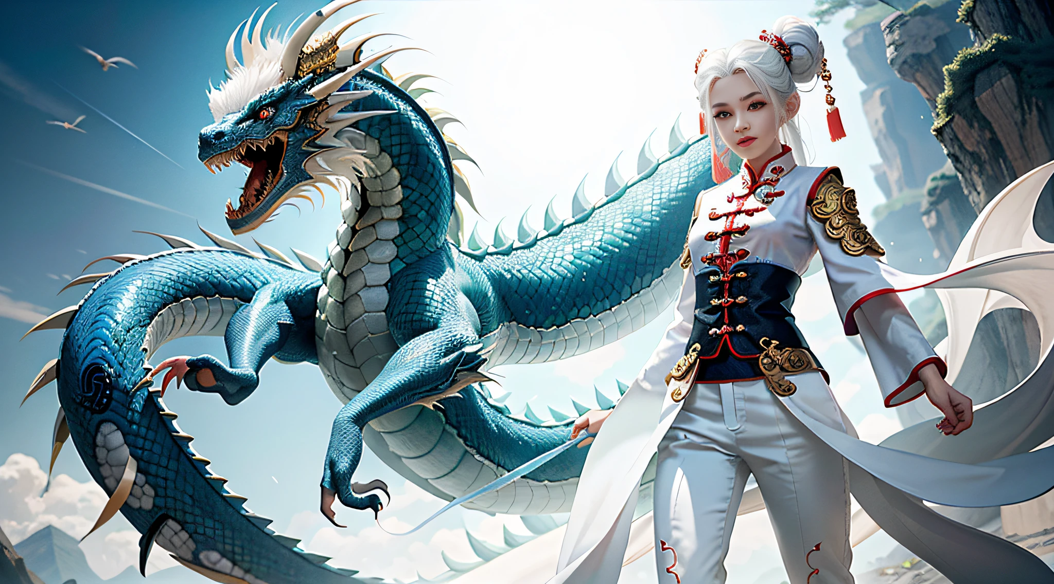 Masterpiece, best quality, make friends with Chinese dragons, funny, happy, bright, dragon, daji, nine tails, girl, 18 years old, fair skin, white hair, two-color light, large aperture, low ISO, white balance, rule of thirds
