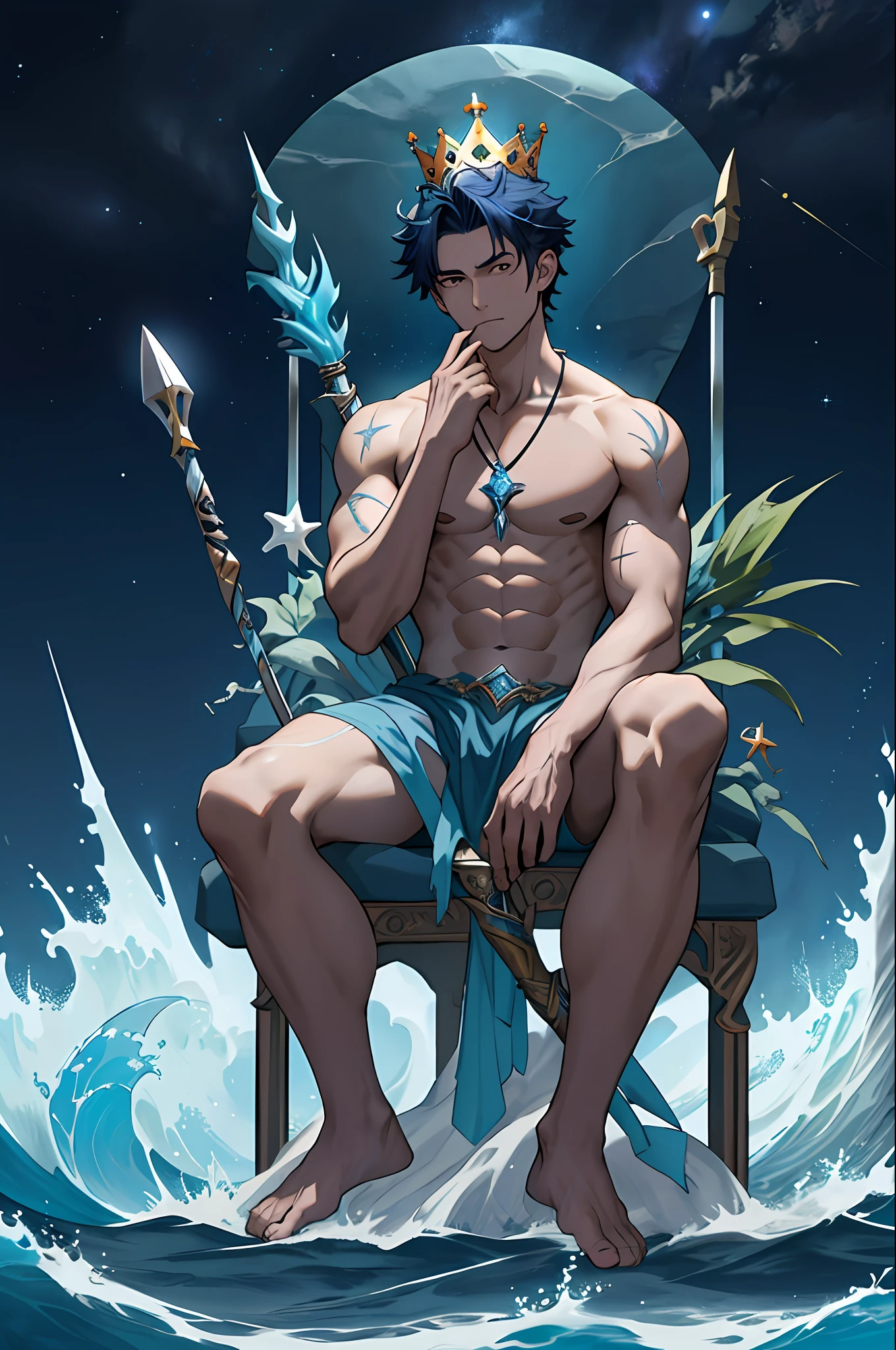 In the kingdom of the deep sea, surrounded by several waves that emit a fiery halo, dramatic lights from distant stars and planets illuminate the scene, surrounded by many sea creatures, the god of the sea, a proud young man sitting on a throne, one hand supporting his head, dark blue hair, short hair, nude, shell necklace, swimsuit, no clothes, sleepy look, holding spear weapons, vast background, deep sea, whirlpool, scepter in hand, scars, expression of contempt, bare feet, legs open, crown, Poseidon halberd, There were two maids kneeling beside them
