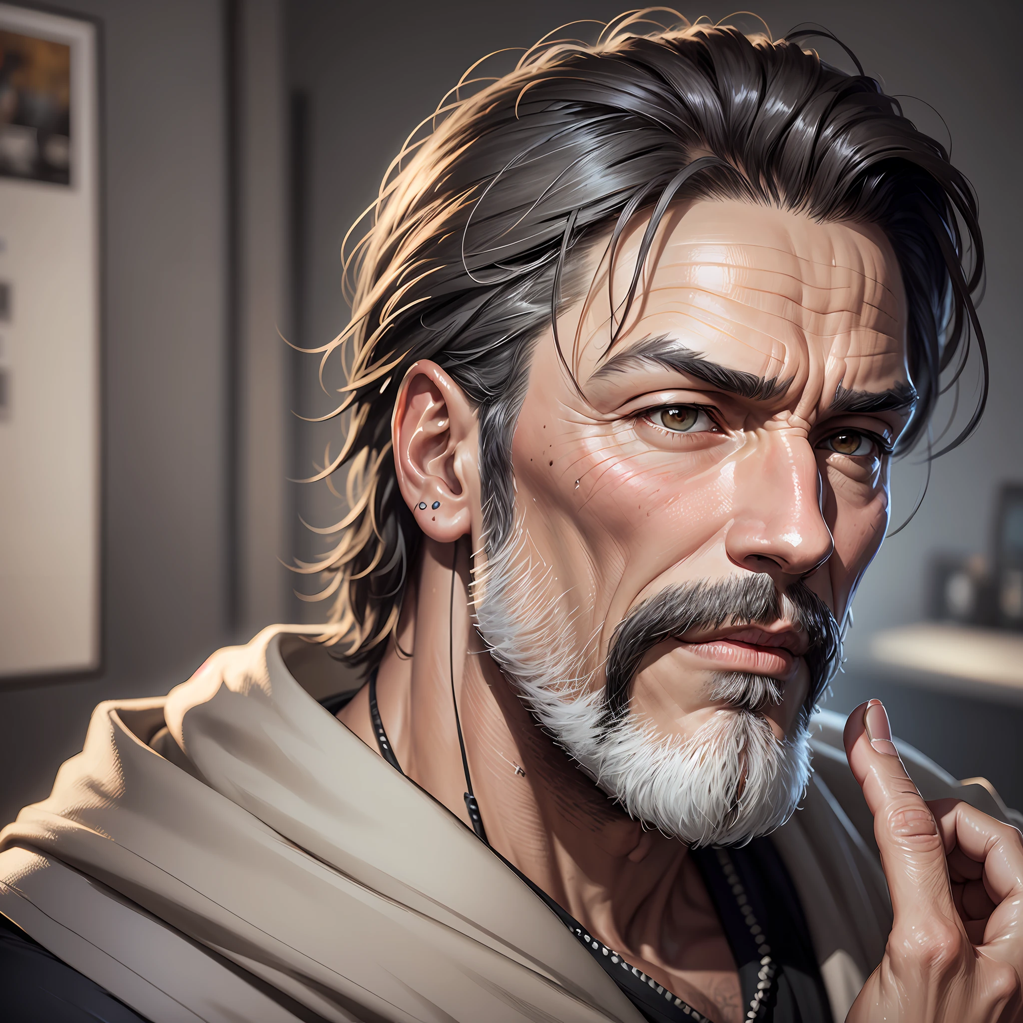 Adult male 50 years old with facial wrinkles, Latino ethnicity, (elegant hairstyle: 1.2), gray hair (1:2), incipient beard (1.1), clear facial features, piercing gaze, (elegant office clothes: 1.4), intricate details), epic, high detail, high detail, sharp focus, dramatic and photorealistic painting art by Midjourney and Greg Rutkowski. --auto --s2
