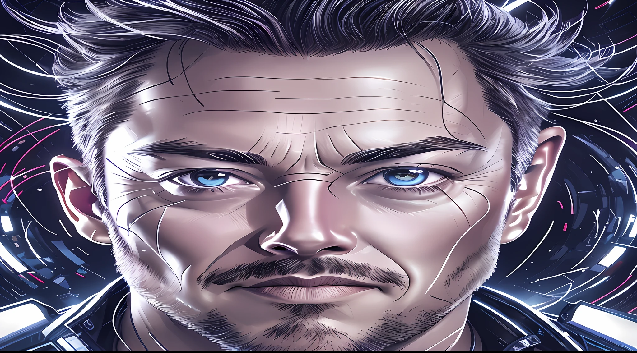 a close up of a man with a beard and a futuristic face, epic portrait illustration, elon musk as a cyborg, 4k detailed digital art, tony stark, 4k highly detailed digital art, cyborg portrait, tony sart highly detailed, detailed portrait of a cyborg, highly detailed exquisite fanart, highly detailed vfx portrait of, art directed filmic stark