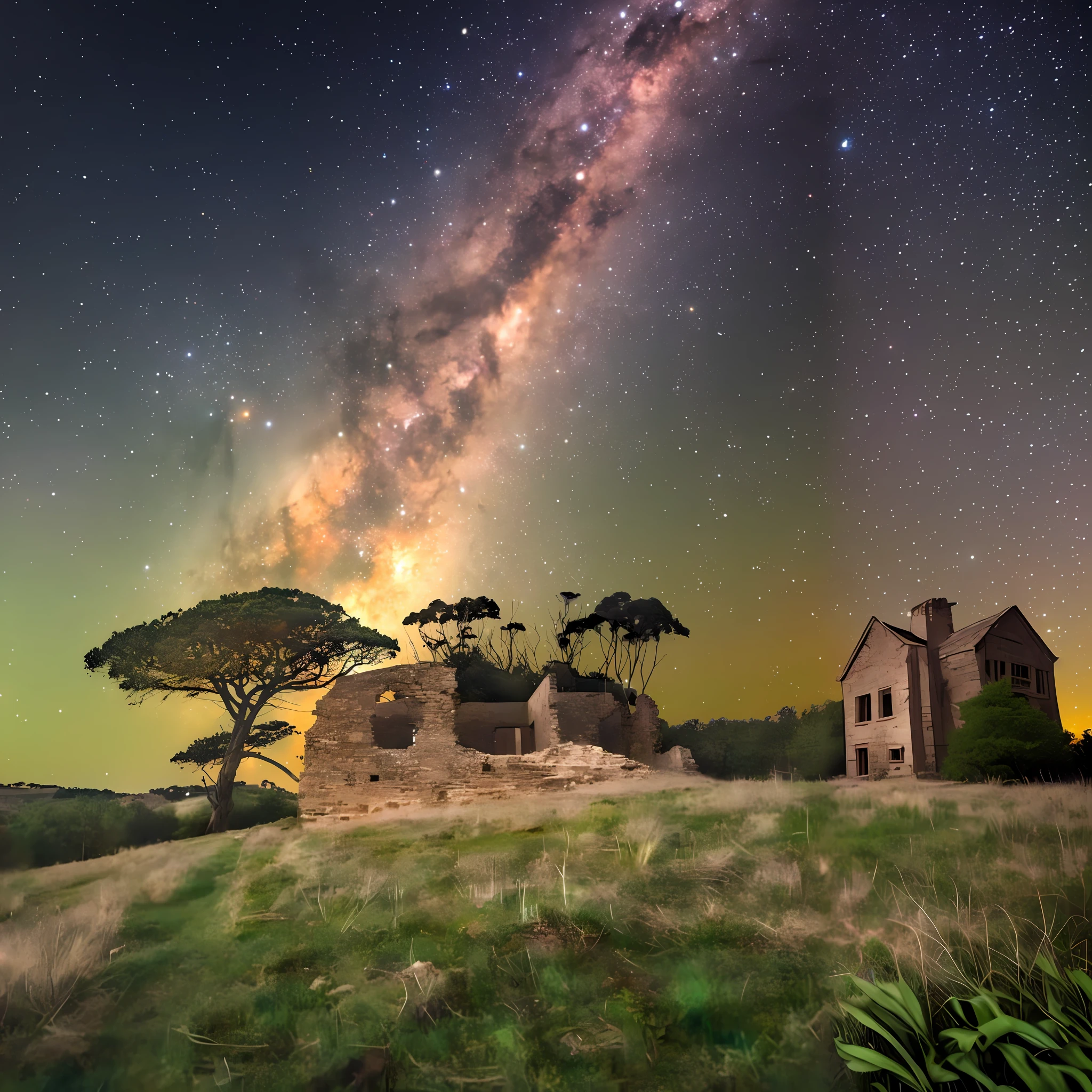 starry sky with a tree and a building in the foreground, milkyway light, spectacular milky way, the sky has the milky way, galactic landscape, milkyway, abandoned ruins landscape, galaxy, the milky way in the sky, epic vista of old ruins, astrophotgraphy, ruin, astrophotography, the milk way up above, milky way, night sky photography