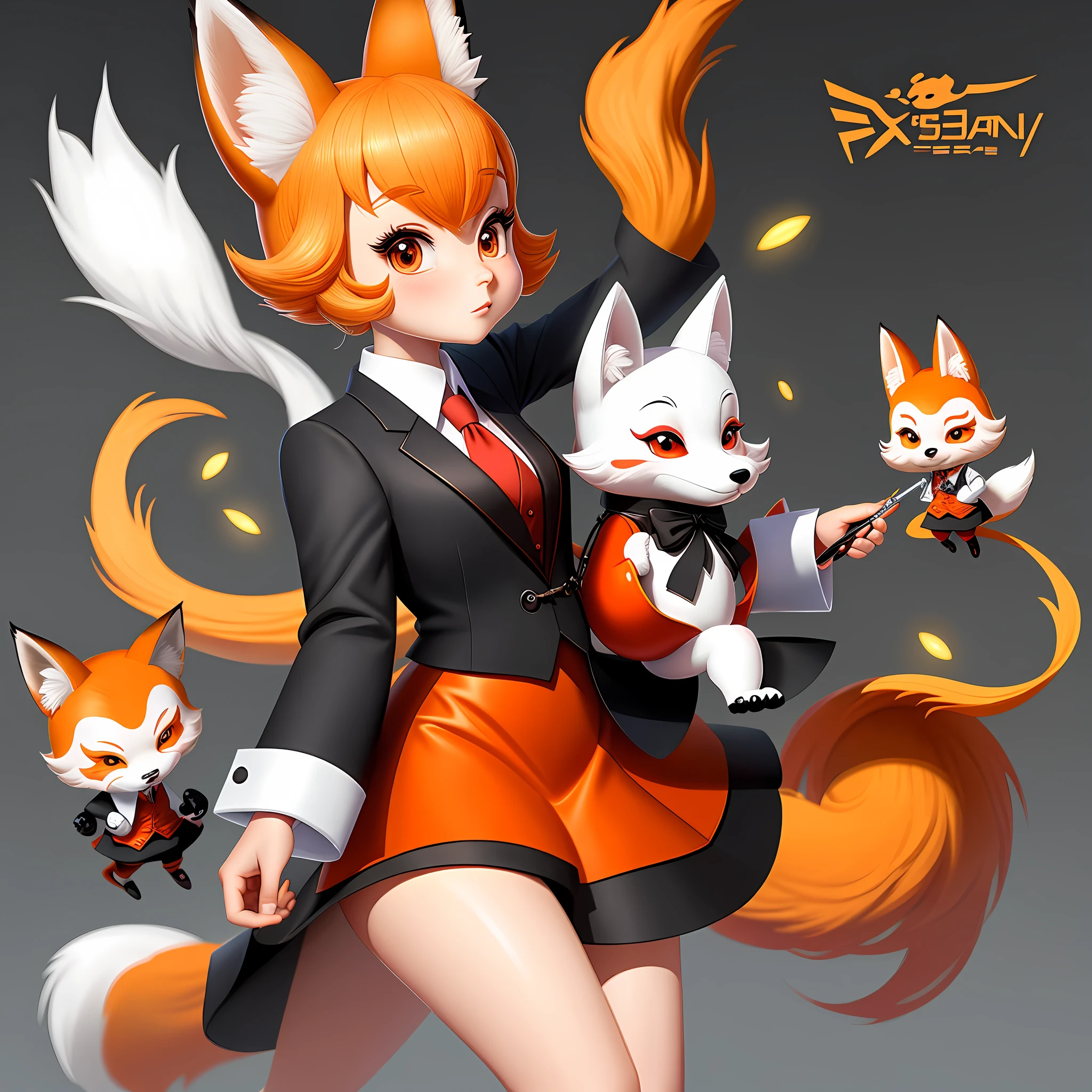 IP cartoon character, wearing a Chinese suit, holding a pen, a fox girl, a pure white background