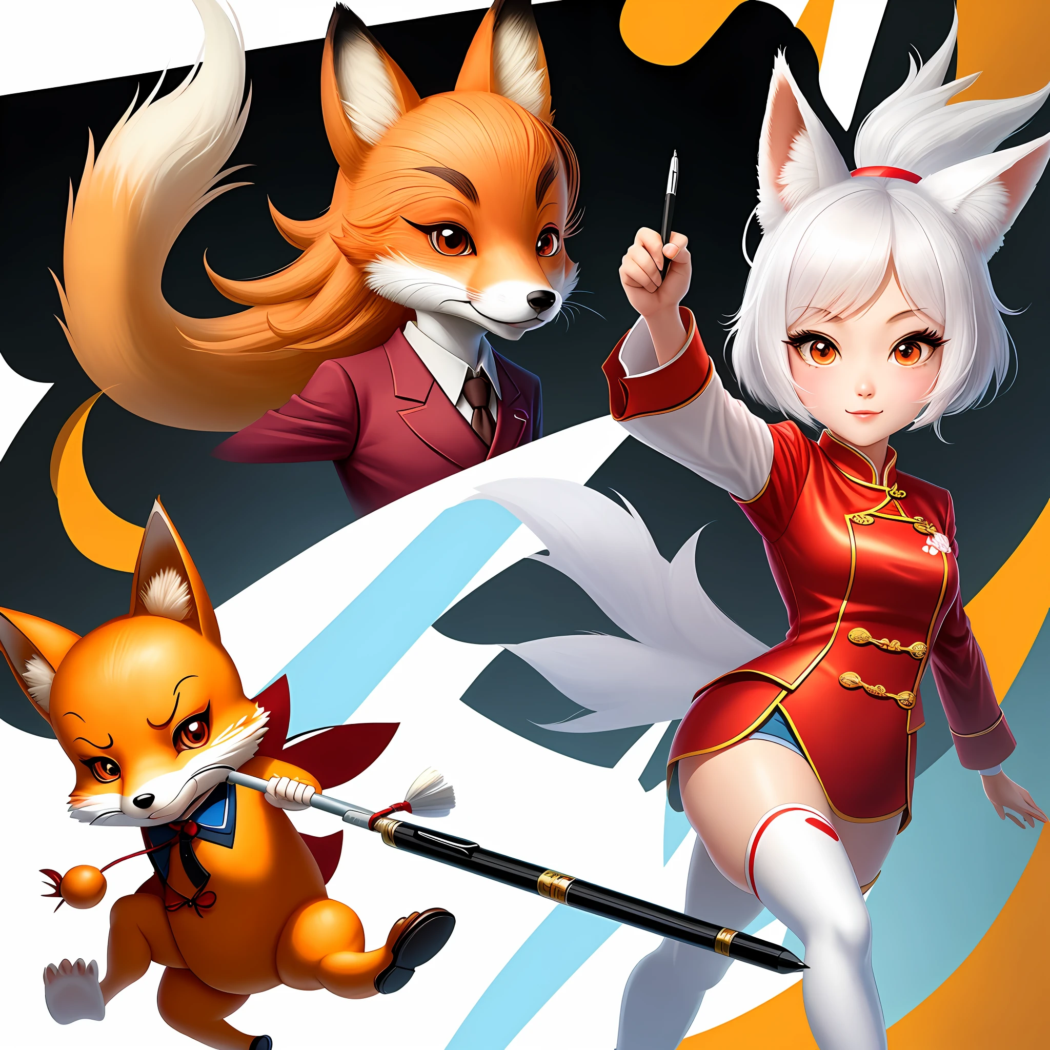 IP cartoon character, wearing a Chinese suit, holding a pen, a fox girl, a pure white background