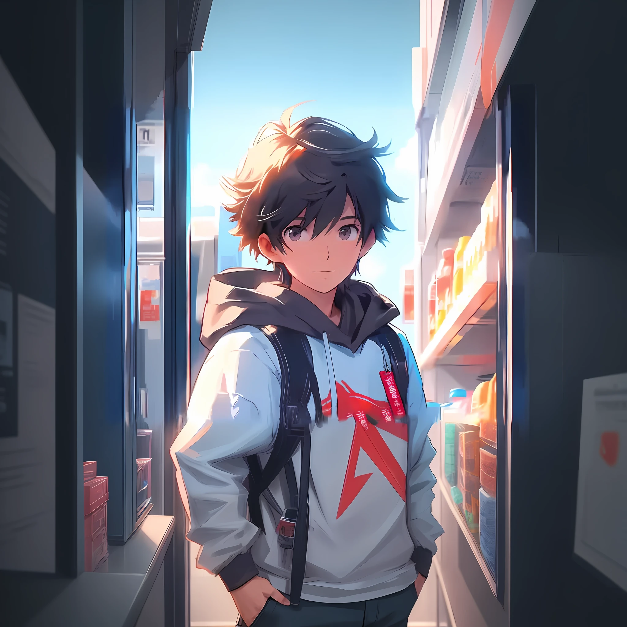 anime boy in a store with a backpack and a backpack, high quality anime artstyle, anime boy, young anime man, realistic anime 3 d style, realistic anime artstyle, anime artstyle, anime art wallpaper 8 k, anime style. 8k, clean detailed anime style, anime moe artstyle, smooth anime cg art, anime style 4 k