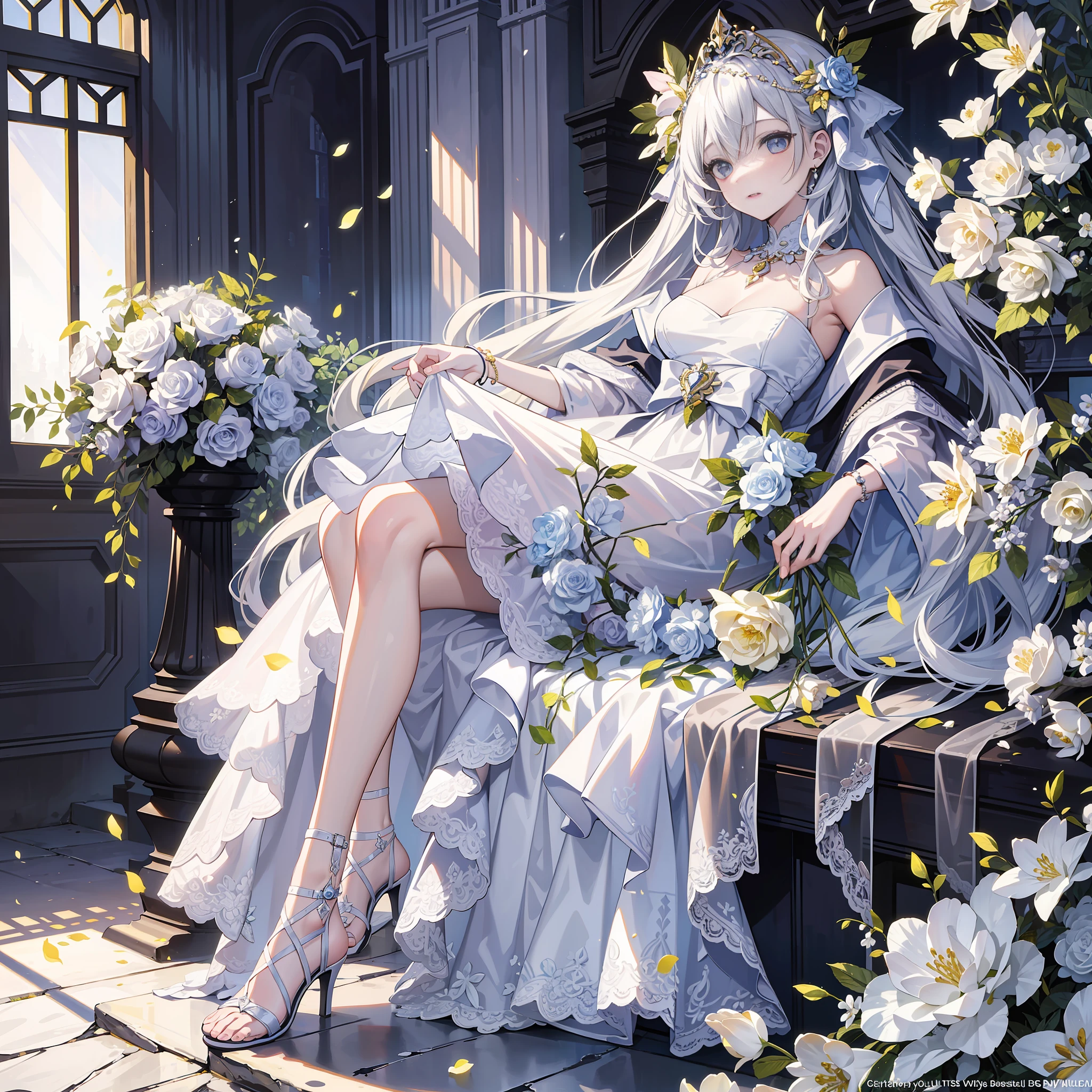(masterpiece, top quality, highest quality, official art, beautiful aesthetics, 1 woman, : 1.5), 1 girl, shining jewel-like eyes, bewitching expression, beautiful face, kind, joyful, ((correct human body structure)), happy, with bouquet, white chiffon dress, white long hair, high heel sandals, look here, park with many flowers, 8k wallpaper