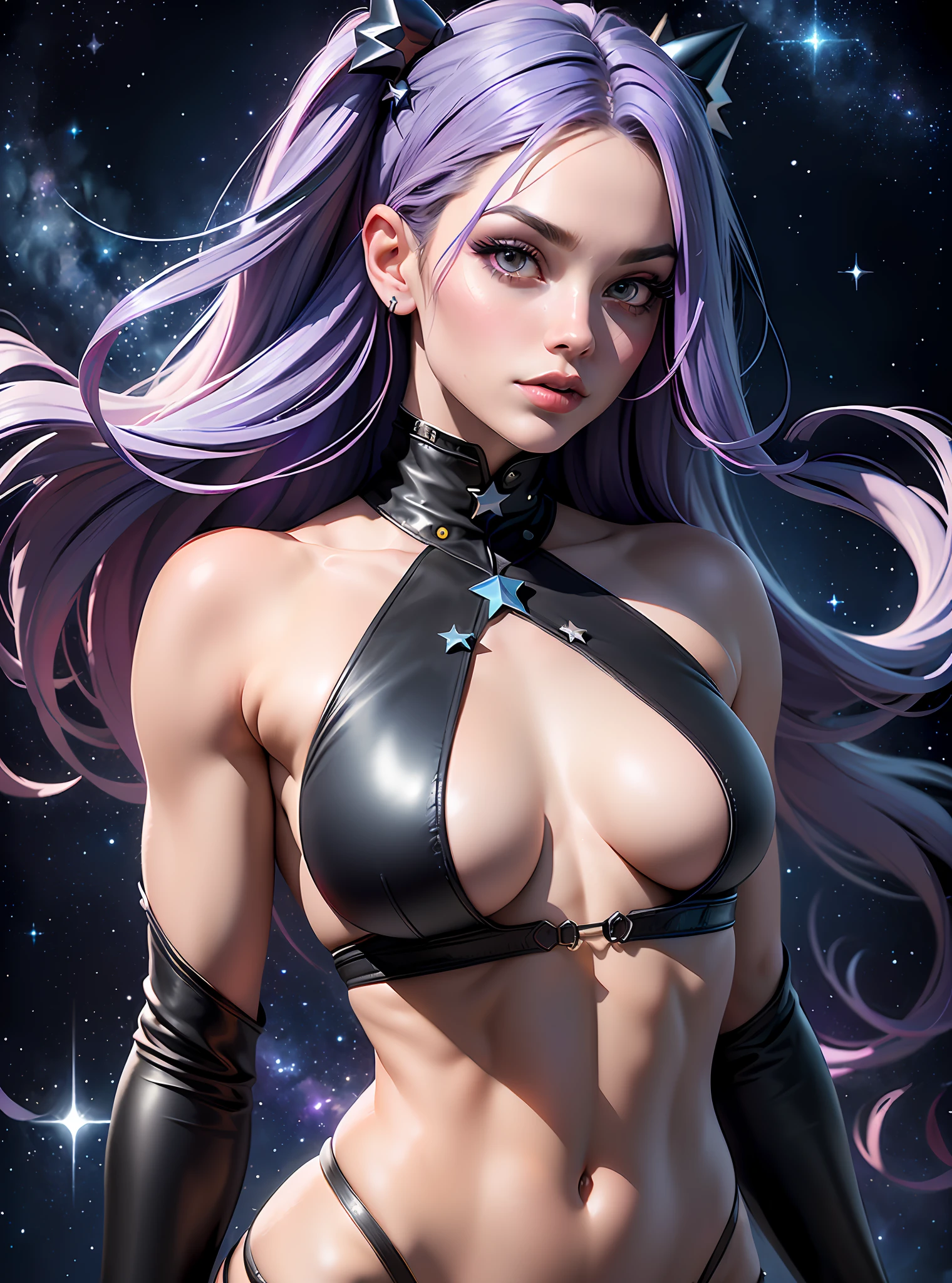 ((Best Quality)), ((Masterpiece)), ((Realistic)) and watercolor drawing  of a girl (full body) with goth colors. She has ((starlight hair)), wears a (small black micro-thong:star motif ) , ((beautiful and aesthetic)), muscular fit body abs, sexy, under-boobs, hot, (star filled sky background) (clear background:1.35), (particles ,firefly, blue glowing):1.3,