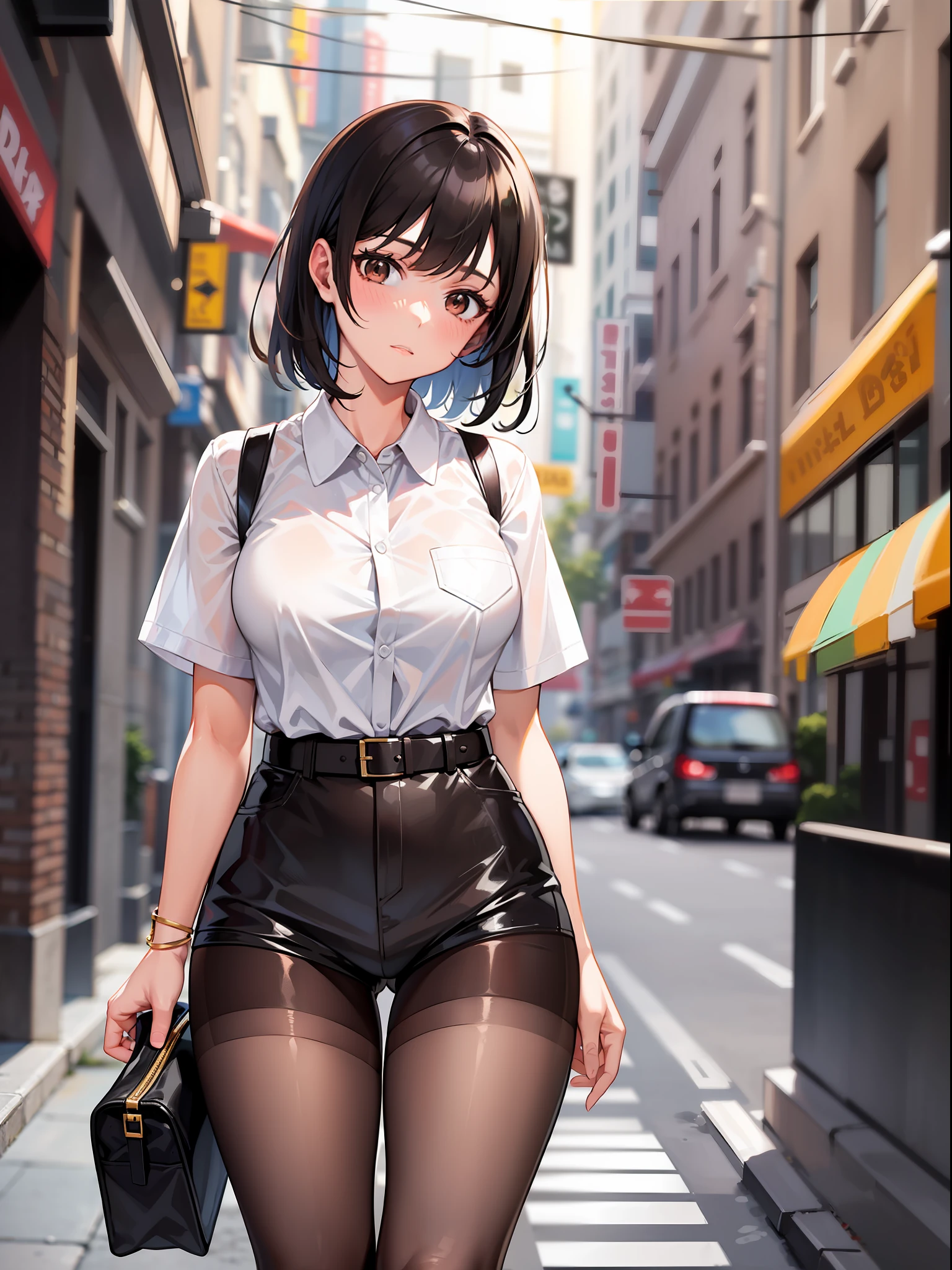 Black hair short, short brown clothes with white collar sleeves, brown shorts, white waist belt, color pantyhose, girl, outdoor