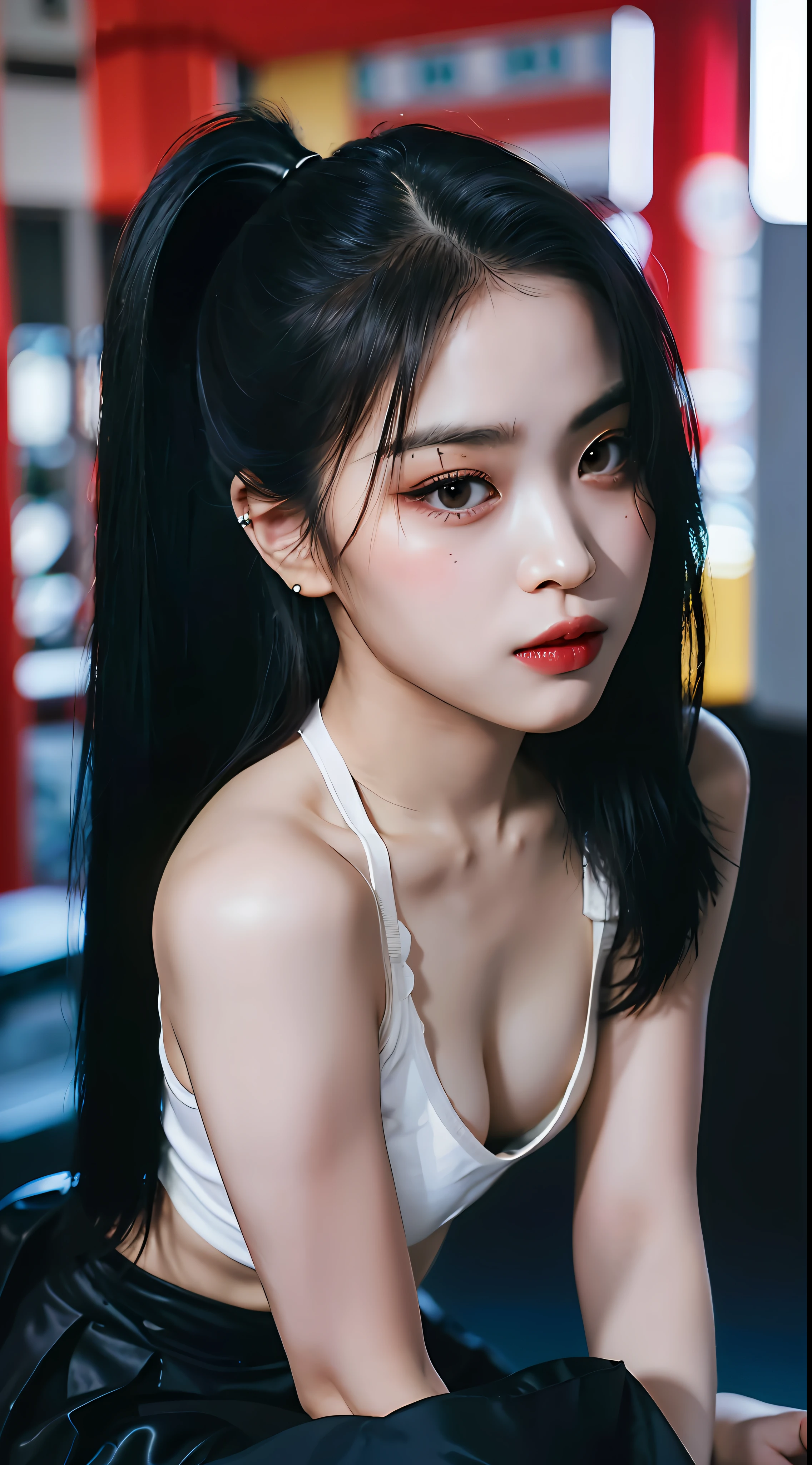 NSFW,(8k, RAW photos,Best quality, High Resolution:1.1), (Hyper-Realistic:1.4),(Realistic, Photorealistic:1.3), Soft Light,Realistic Face,Realistic Body,Realistic Skin,Absurdity,Masterpiece,(Cute:1.8),(Black Hairlong,Half Up,Hairpin),(Big:1.2),(Very Dark Lip Gloss,Pitch Black Lipstick, so many eyelashes,pitch black eyeshadow),teardrops,double teeth,open lips,provocative expression,blusher,good style,(unbuttoned shirt:1.1),cinema light,film grain,closeup,look viewer,full body,depth of field,blurred background,eye focus,young,85mm lens, f/1.4,professional lighting,portrait,photon mapping, radiosity, physically based rendering, transparency, Japan girls, night, black see-through and very small bra, crotch open, are big and about to spill out of bra, see-through underwear, (beautiful nipple slip: 0.9),squat