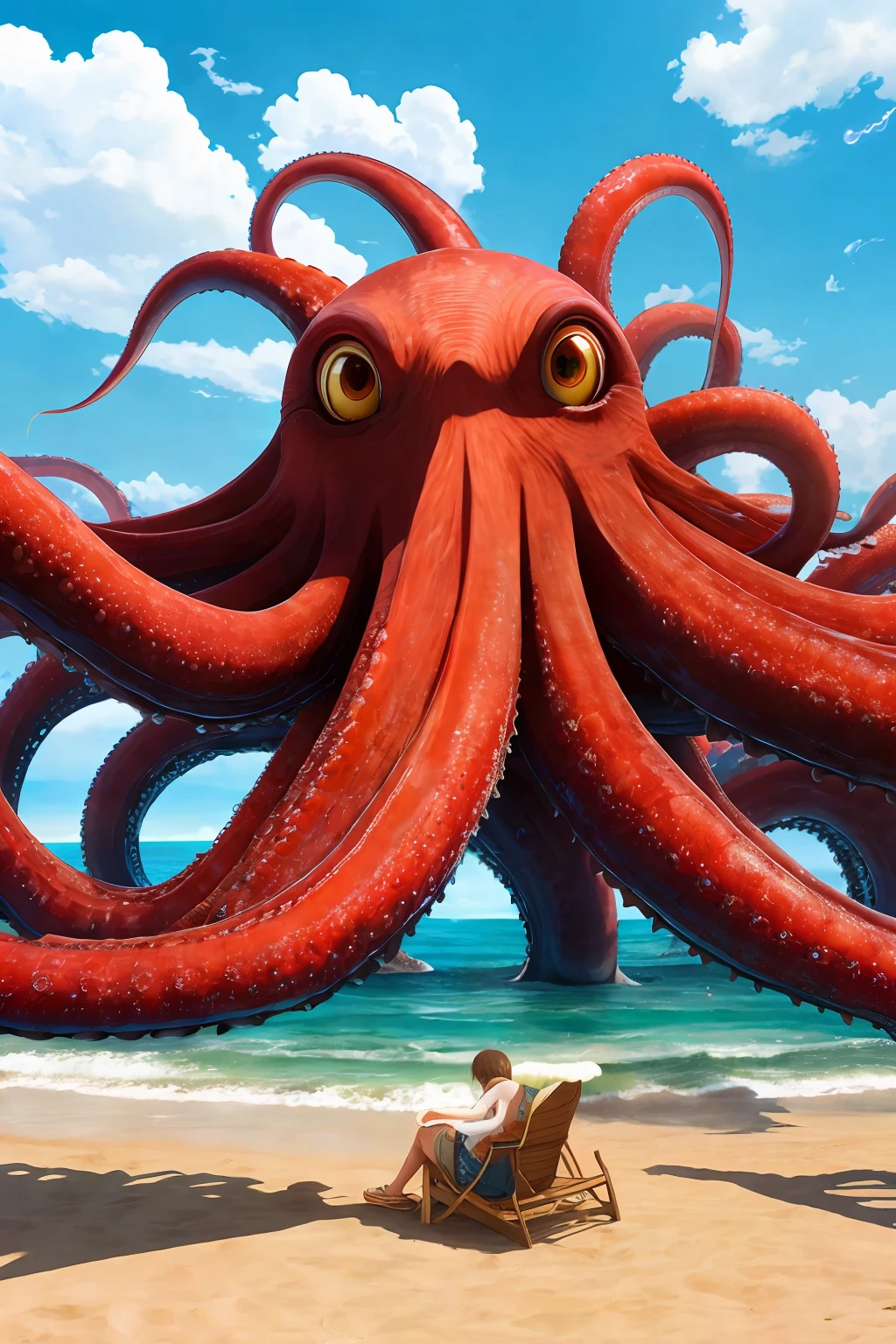 Giant octopus, anime, details, hyper-detailed, 8k, HDR, sharp focus, beach