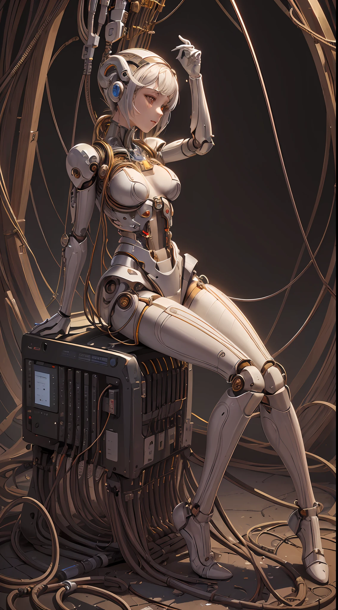 (((masterpiece))), (((best quality))), ((ultra-detailed)), (highly detailed CG illustration), ((an extremely delicate and beautiful)),(cute delicate face),cinematic light,((1mechanical girl)),solo,full body,(machine made joints:1.4),((machanical limbs)),(blood vessels connected to tubes),((mechanical vertebra attaching to back)),((mechanical cervial attaching to neck)),((sitting)),expressionless,(wires and cables attaching to head and body:1.5),(character focus),science fiction