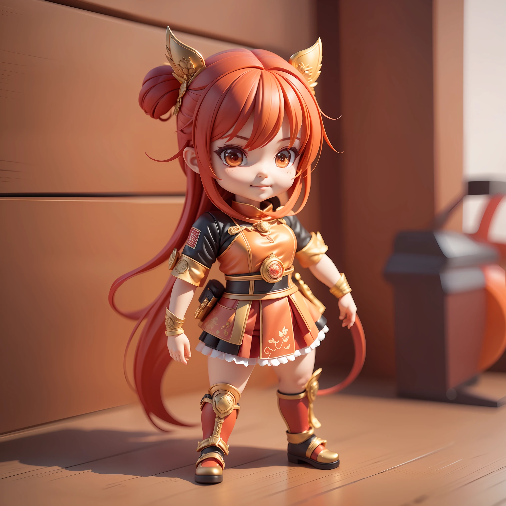 Masterpiece, Best Quality, Lots of Detail, (Full Body:1.2), Chibi, Girl on Fire, Red Hair, Tang Costume, Arrogant, Grinning, 3D Rendering, Q Print Style