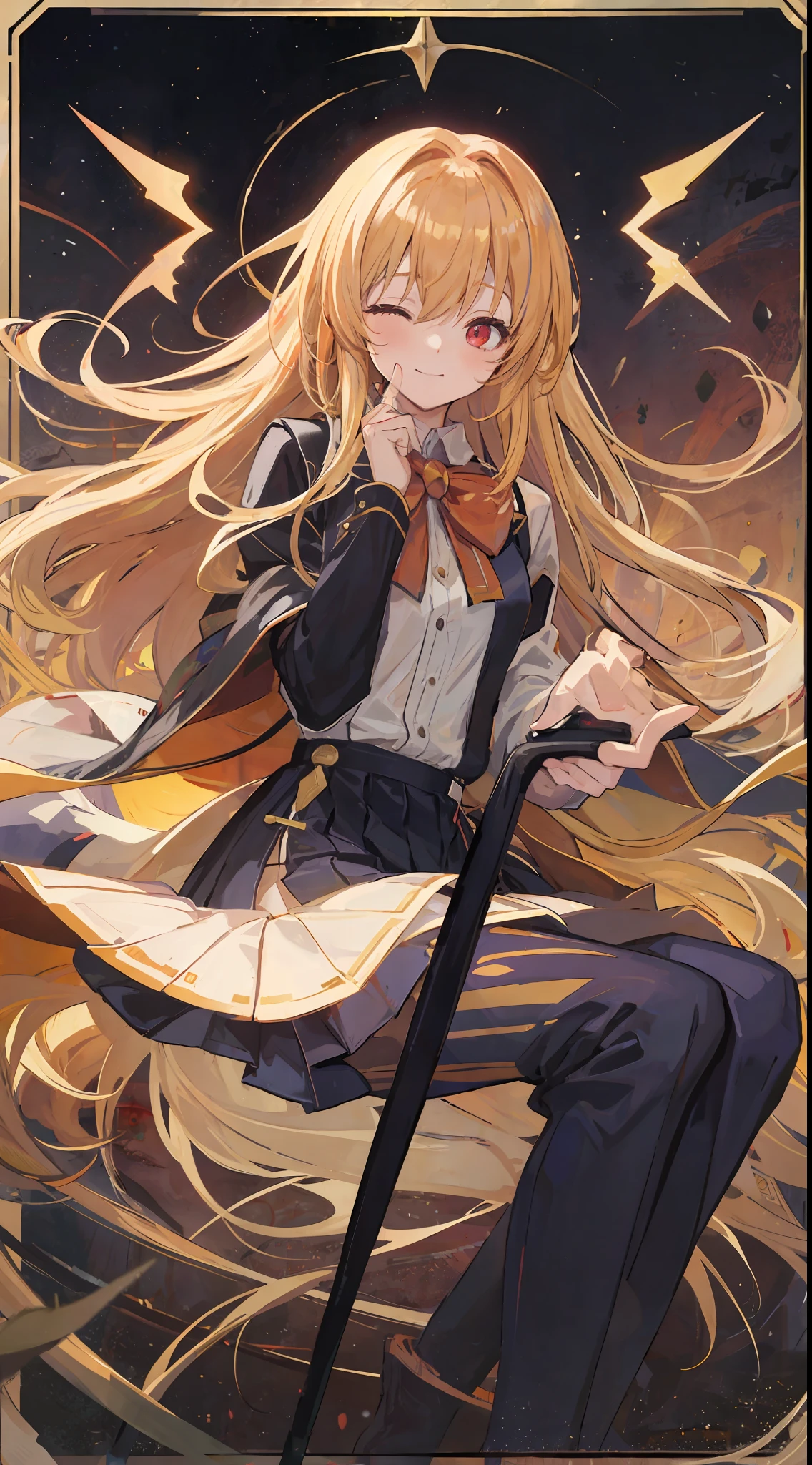 1Girl, golden hair, sharp red eyes but closed 1 eyes, blush, harm smile, wearing high school girl clothes, sitting while playing music tools, make it like tarot anime-style but no frame