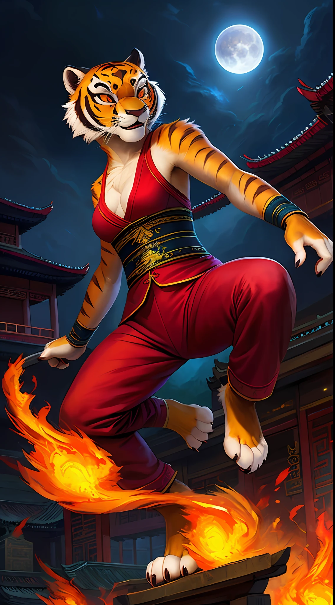 uploaded to e621, raw photo, realistic, anthro, detailed face, detailed fur, high resolution, beautiful and detailed portrait of Tigress from Kung fu Panda, Tigress, Kung fu Panda, kenket, Ross Tran,ruan jia, uploaded to e621, zaush, foxovh, cenematic lighting, Chinese temple bl, small breast, whole body, beautiful, evil face, solo, 1girl, kung fu clothes, fight pose, at night, Total lunar eclipse, surrounded by fire, everything is burning
