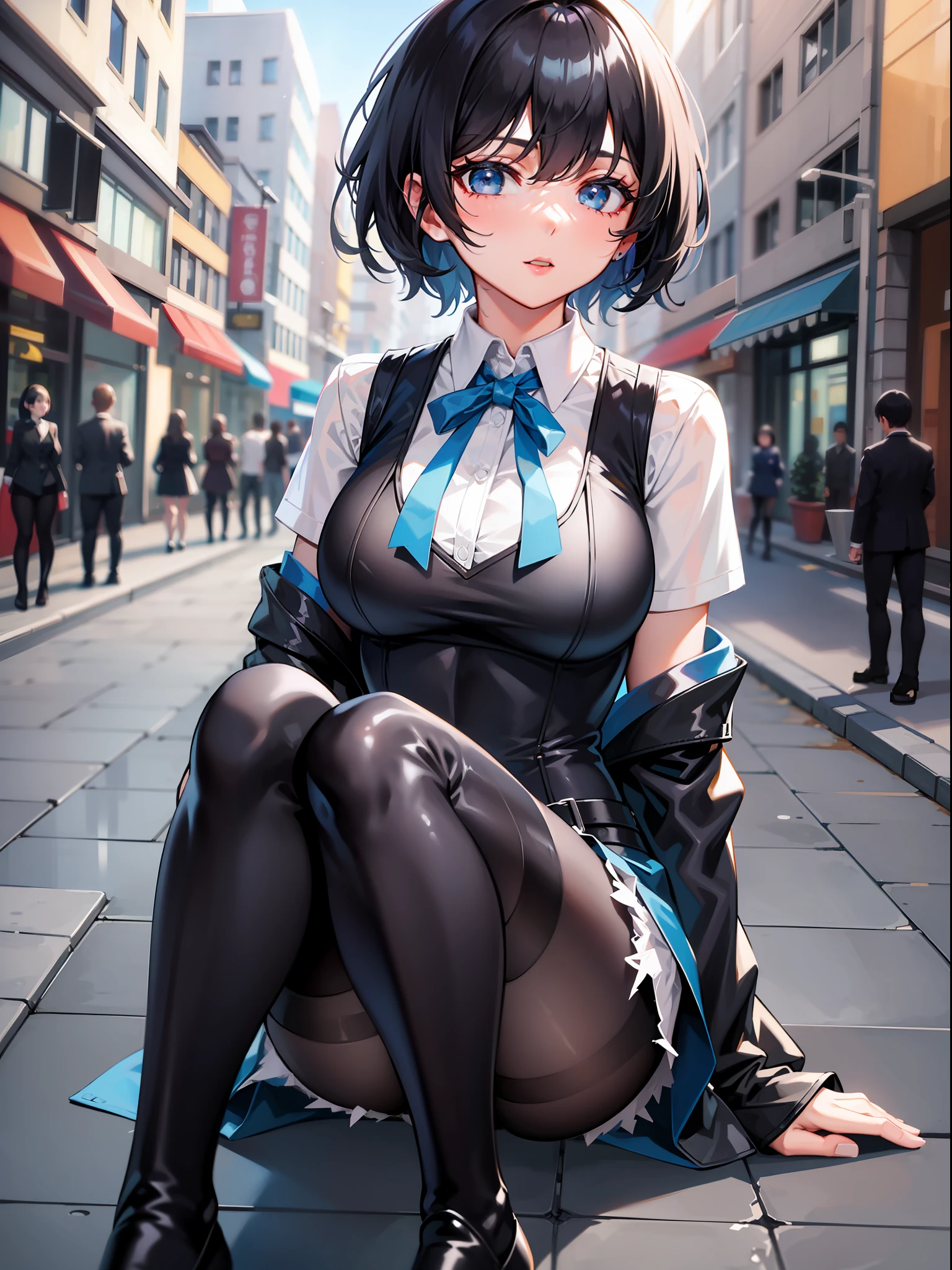 Black hair short hair, short clothes with white collar sleeves, blue shorts, black pantyhose, girl, outdoor, knee high boots