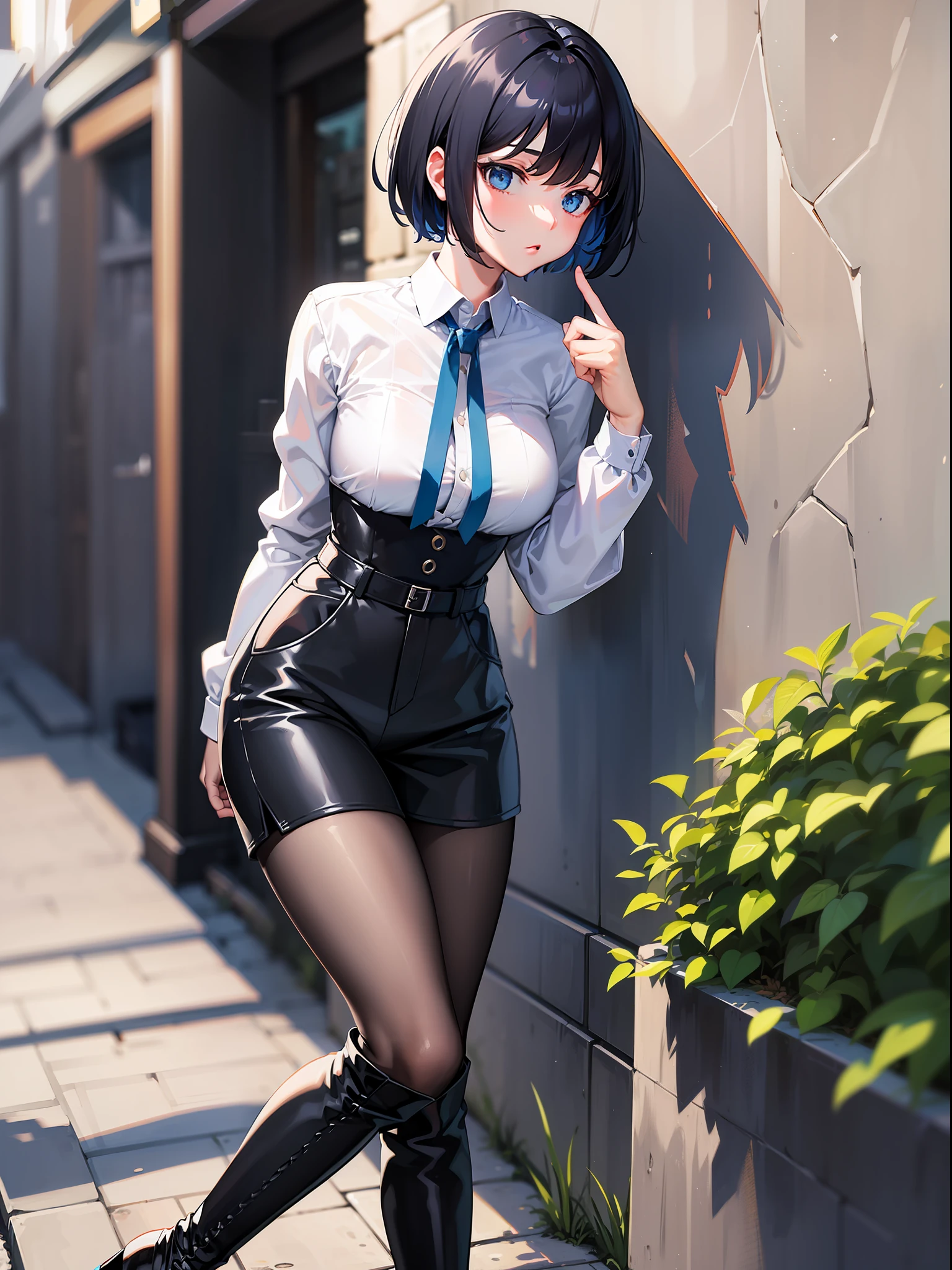 Black hair short hair, short clothes with white collar sleeves, blue shorts, black pantyhose, girl, outdoor, knee high boots