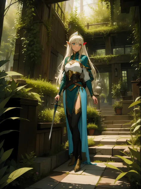 one girl, elf, fantasy costume, forest, holding a sword, concept art